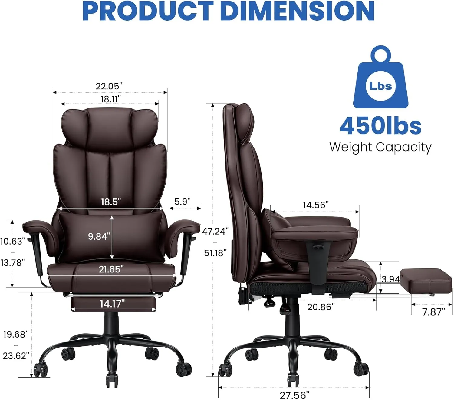 Executive Office Chair Big and Tall with Massage 450lbs Heavy Duty Desk Chair with Lumbar Support Reclining Office Chair with Footrest High Back Ergonomic Leather Chair for Heavy People Brown