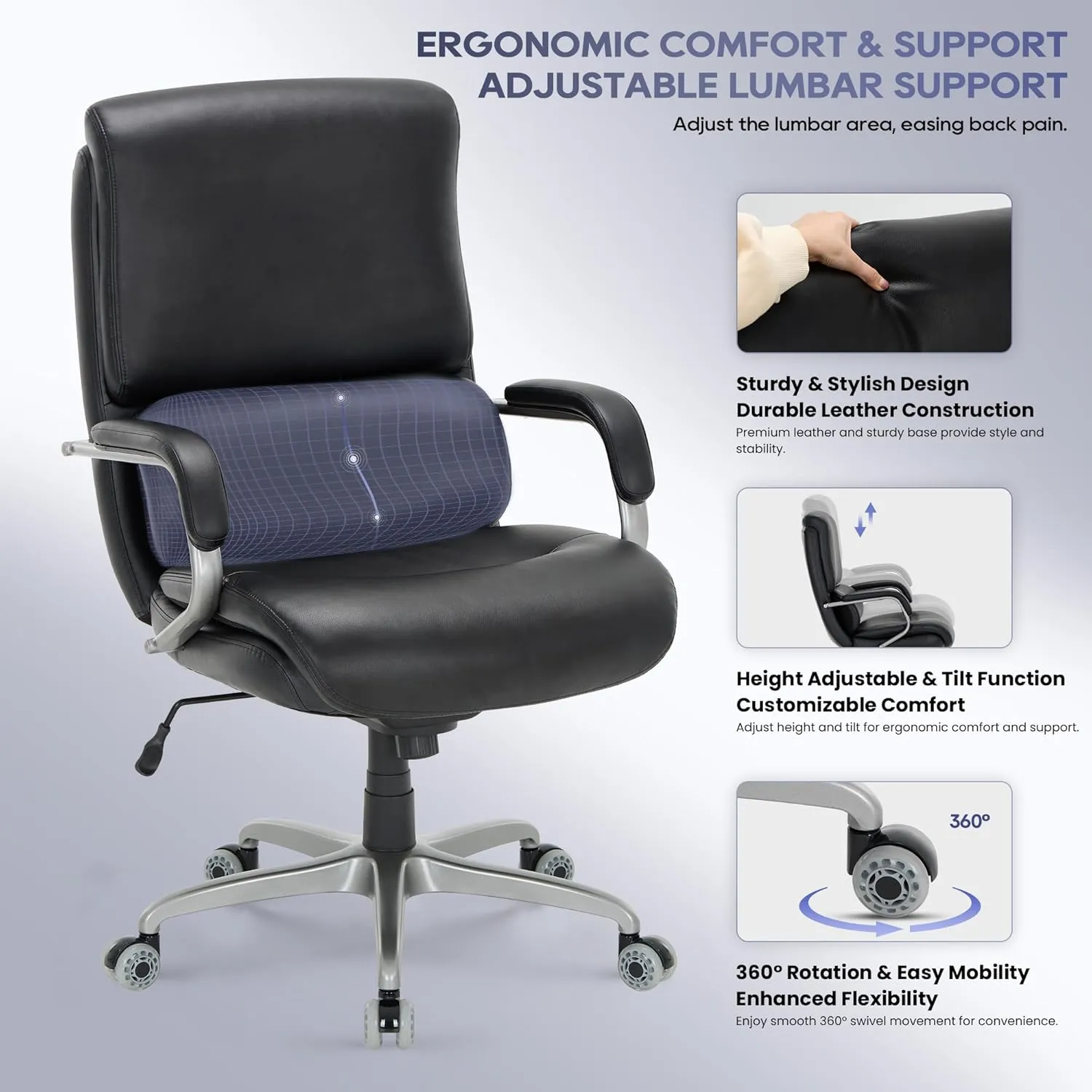 Executive Padded Leather Office Chair-Ergonomic Lumbar Support, Desk Chair for Home and Office with Flip-up Arms, High Back, Adjustable Desk Computer Chair for Work, Meeting, Black, 300lbs