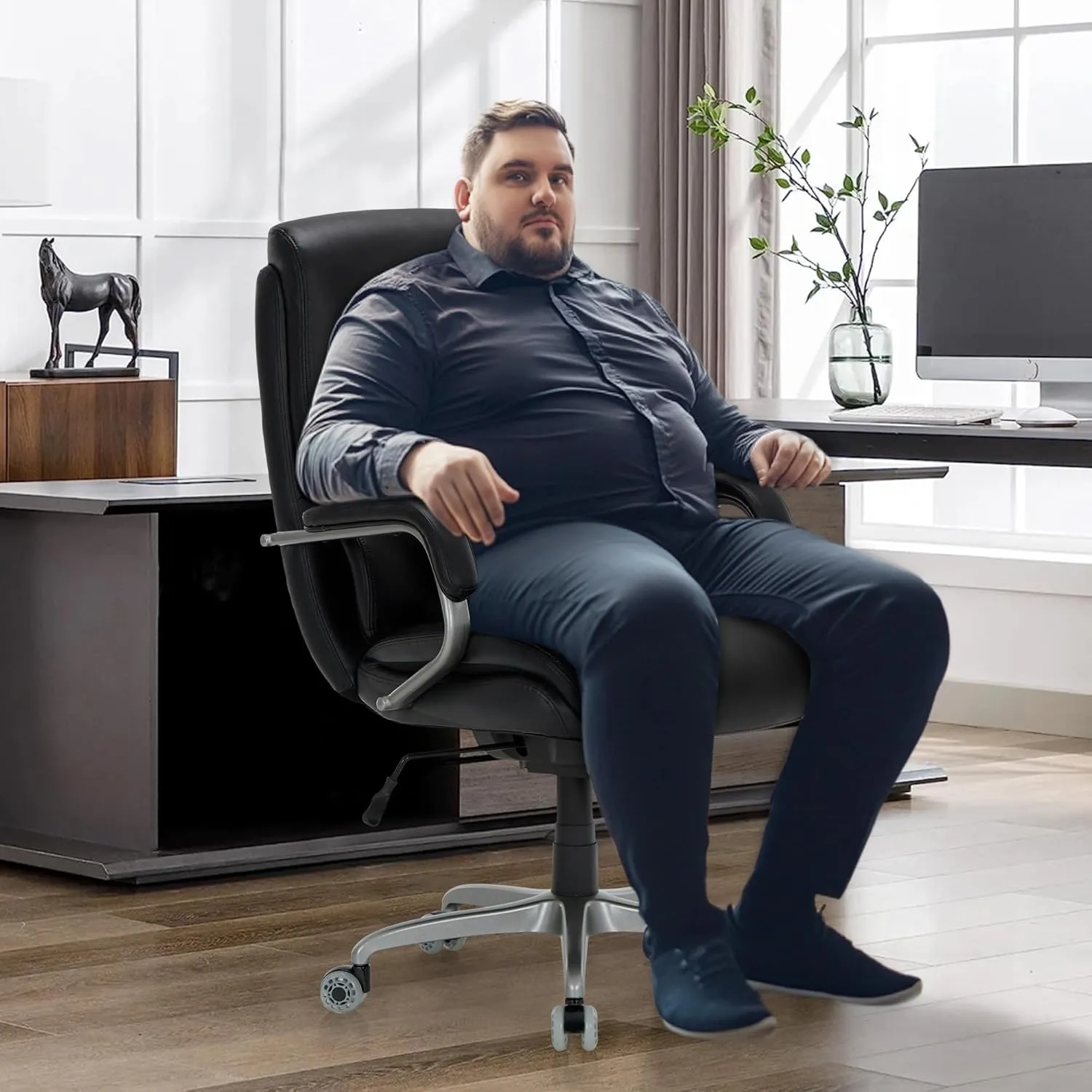 Executive Padded Leather Office Chair-Ergonomic Lumbar Support, Desk Chair for Home and Office with Flip-up Arms, High Back, Adjustable Desk Computer Chair for Work, Meeting, Black, 300lbs