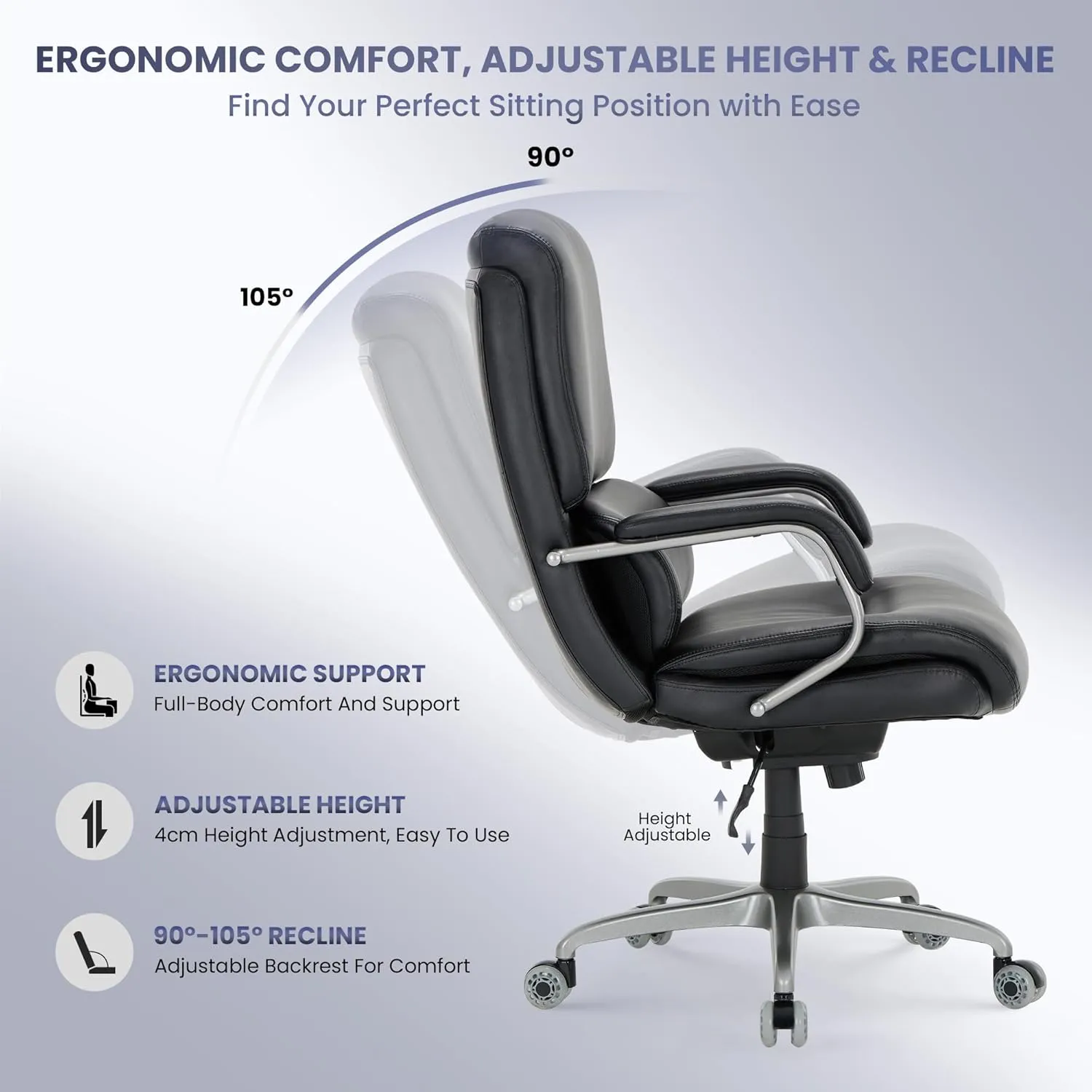 Executive Padded Leather Office Chair-Ergonomic Lumbar Support, Desk Chair for Home and Office with Flip-up Arms, High Back, Adjustable Desk Computer Chair for Work, Meeting, Black, 300lbs