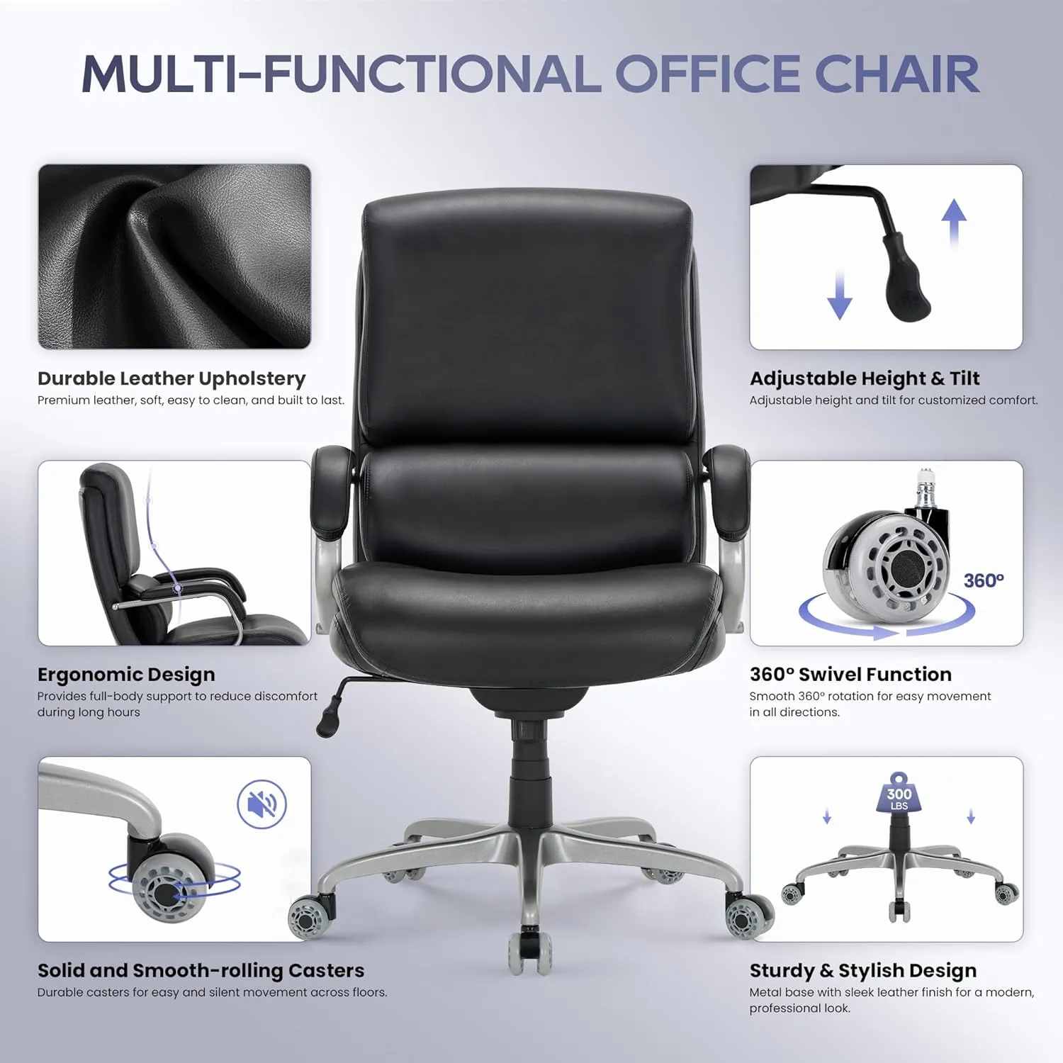 Executive Padded Leather Office Chair-Ergonomic Lumbar Support, Desk Chair for Home and Office with Flip-up Arms, High Back, Adjustable Desk Computer Chair for Work, Meeting, Black, 300lbs