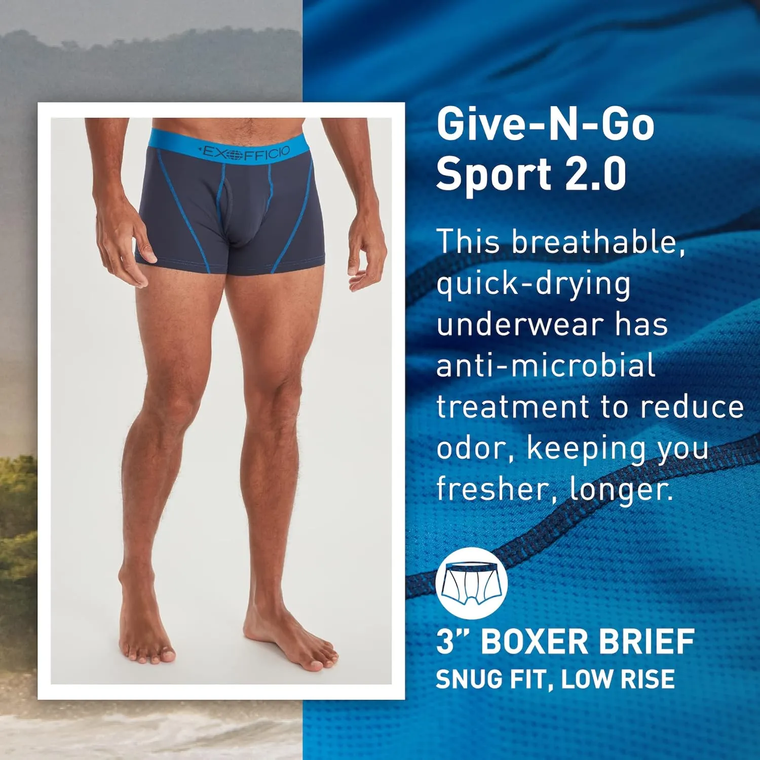 ExOfficio Men's Give-N-Go 2.0 Sport Mesh Boxer Brief 3" - Ultralight Travel Underwear with Snug Active Fit & Lower Rise