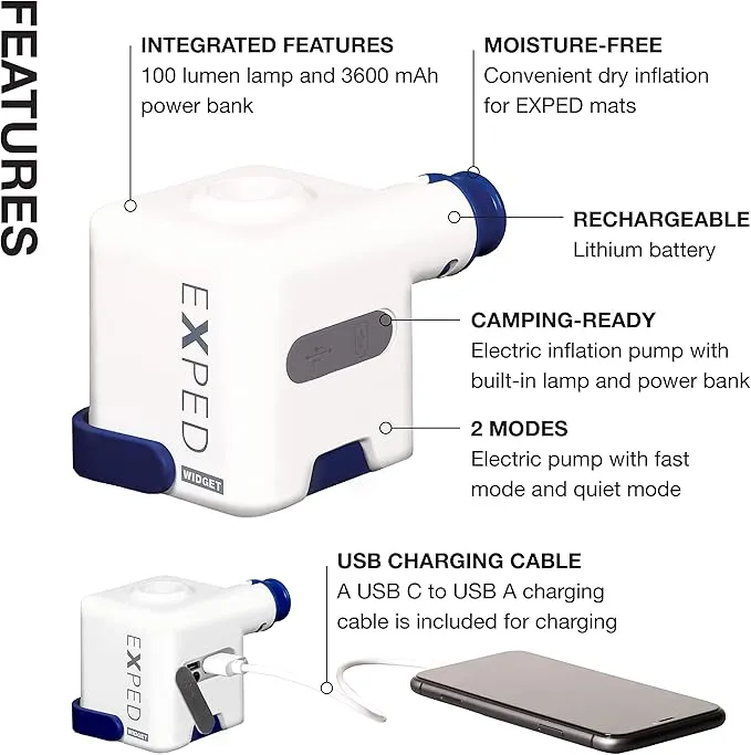 Exped Widget | High-Power Sleeping Mat Pump | Rechargeable Battery Bank | Lumen Lantern, White/Navy