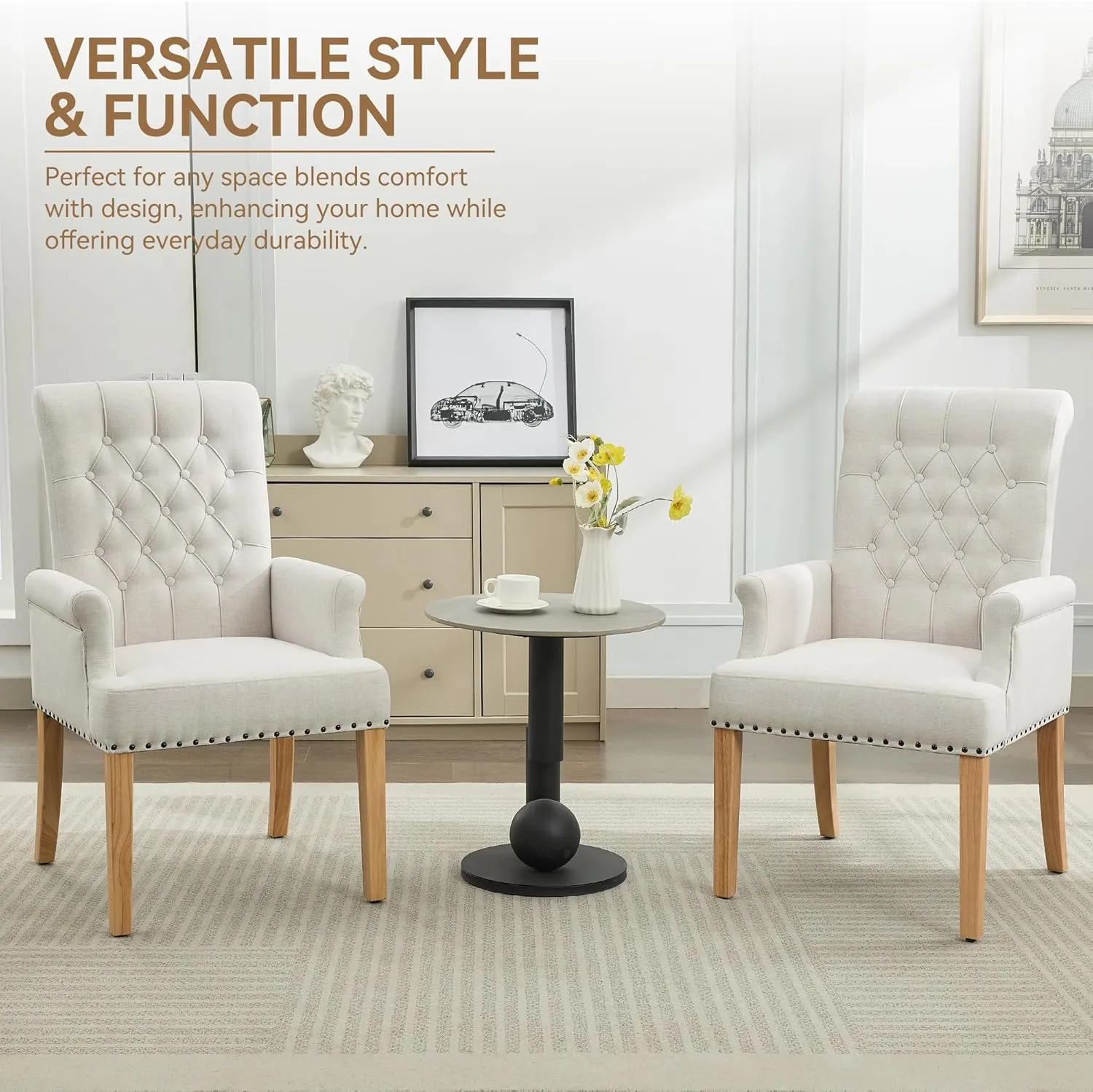 Fabric Dining Chair with Arms, Upholstered Tufted High Back Dining Room Chairs, Accent Armchair with Solid Wood Leg and Nailhead Trim, Kitchen Dining Living Room, Beige