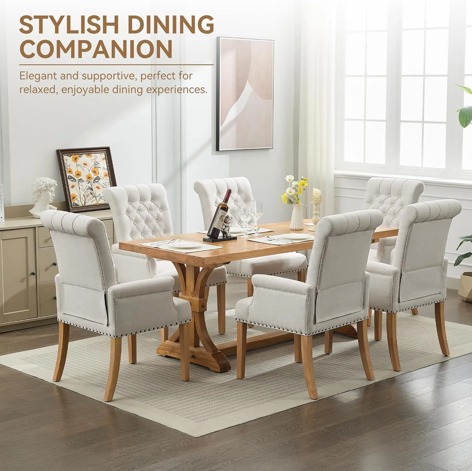 Fabric Dining Chair with Arms, Upholstered Tufted High Back Dining Room Chairs, Accent Armchair with Solid Wood Leg and Nailhead Trim, Kitchen Dining Living Room, Beige