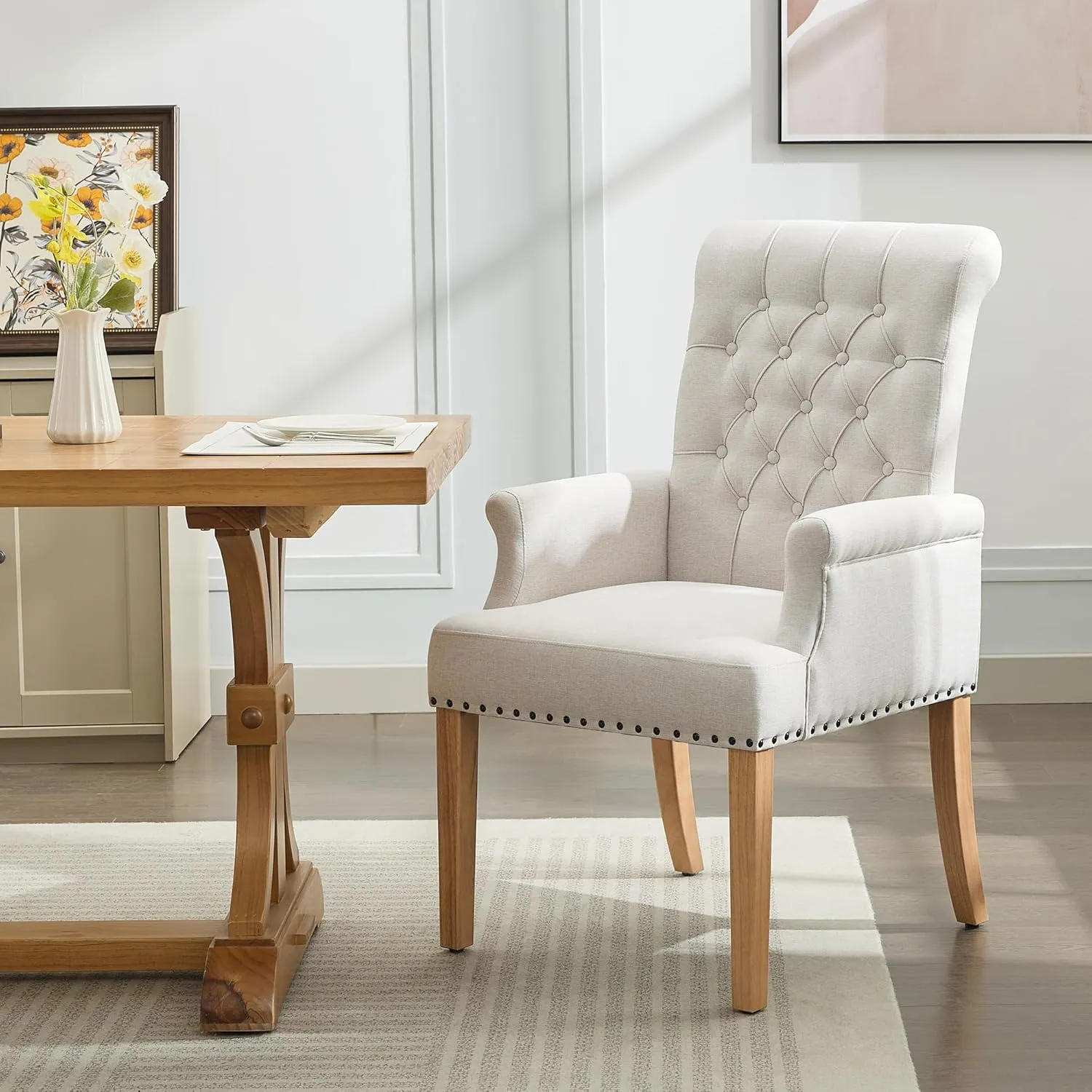 Fabric Dining Chair with Arms, Upholstered Tufted High Back Dining Room Chairs, Accent Armchair with Solid Wood Leg and Nailhead Trim, Kitchen Dining Living Room, Beige