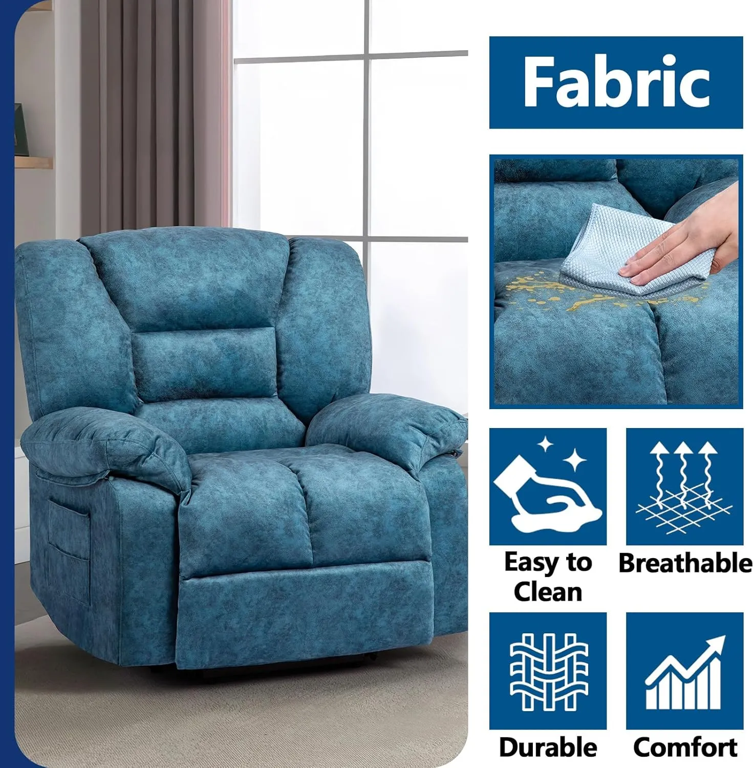 Fabric Lazy Boy Recliner Chair for Bedroom, Manual Reclining Chairs for Adults，Blue Recliner Chair with Adjustable Backrest & Foootrest/Overstuffed Cushion, Havy Duty (Blue)