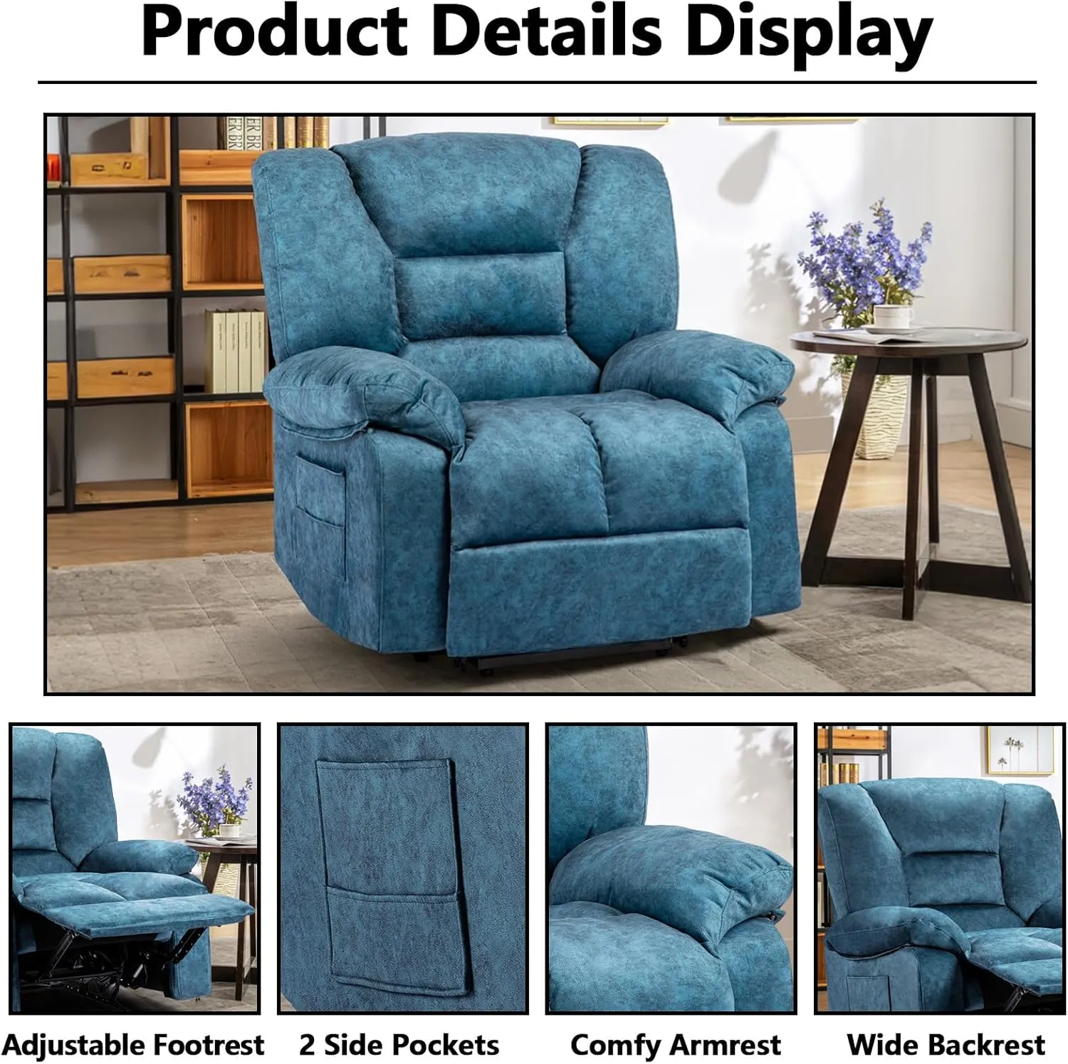 Fabric Lazy Boy Recliner Chair for Bedroom, Manual Reclining Chairs for Adults，Blue Recliner Chair with Adjustable Backrest & Foootrest/Overstuffed Cushion, Havy Duty (Blue)