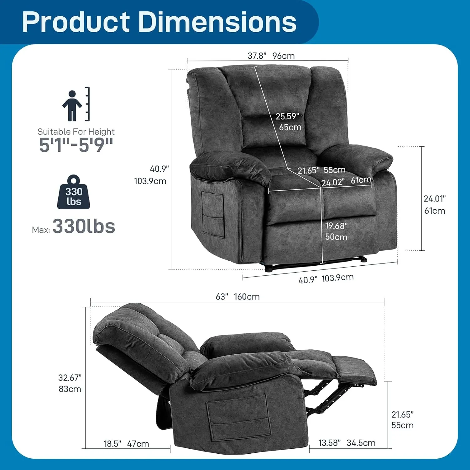 Fabric Lazy Boy Recliner Chair for Bedroom, Manual Reclining Chairs for Adults，Grey Recliner Chair with Adjustable Backrest & Foootrest/Overstuffed Cushion, Havy Duty (Grey)
