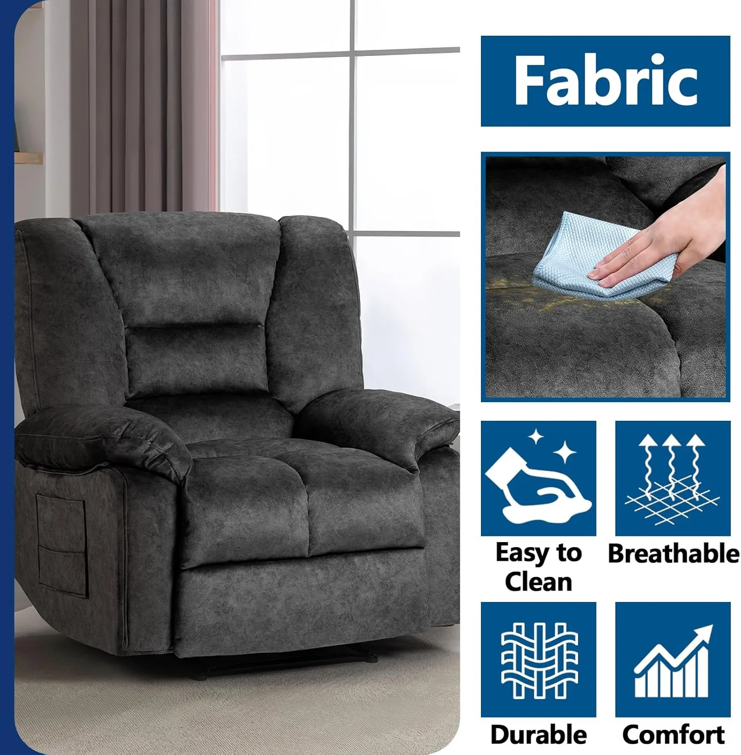 Fabric Lazy Boy Recliner Chair for Bedroom, Manual Reclining Chairs for Adults，Grey Recliner Chair with Adjustable Backrest & Foootrest/Overstuffed Cushion, Havy Duty (Grey)