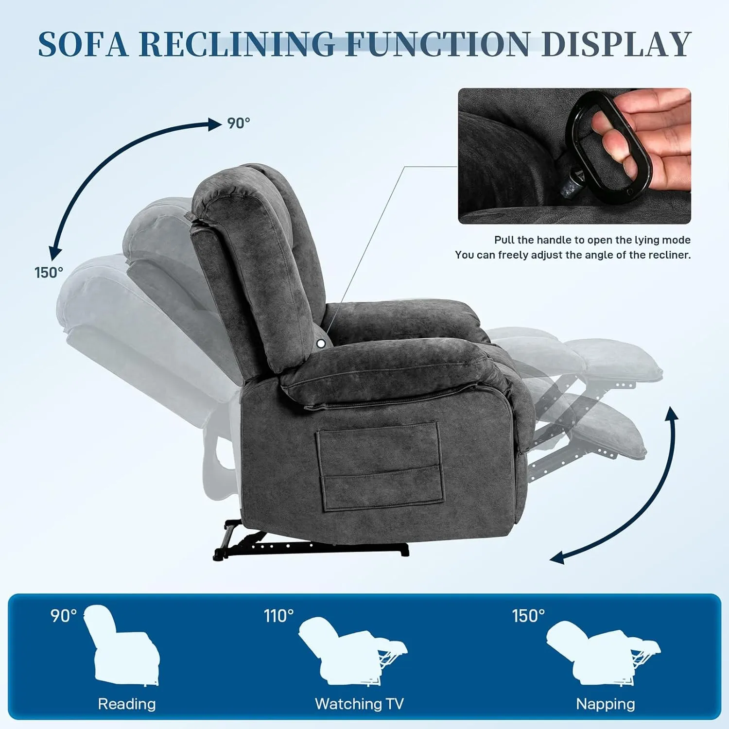 Fabric Lazy Boy Recliner Chair for Bedroom, Manual Reclining Chairs for Adults，Grey Recliner Chair with Adjustable Backrest & Foootrest/Overstuffed Cushion, Havy Duty (Grey)
