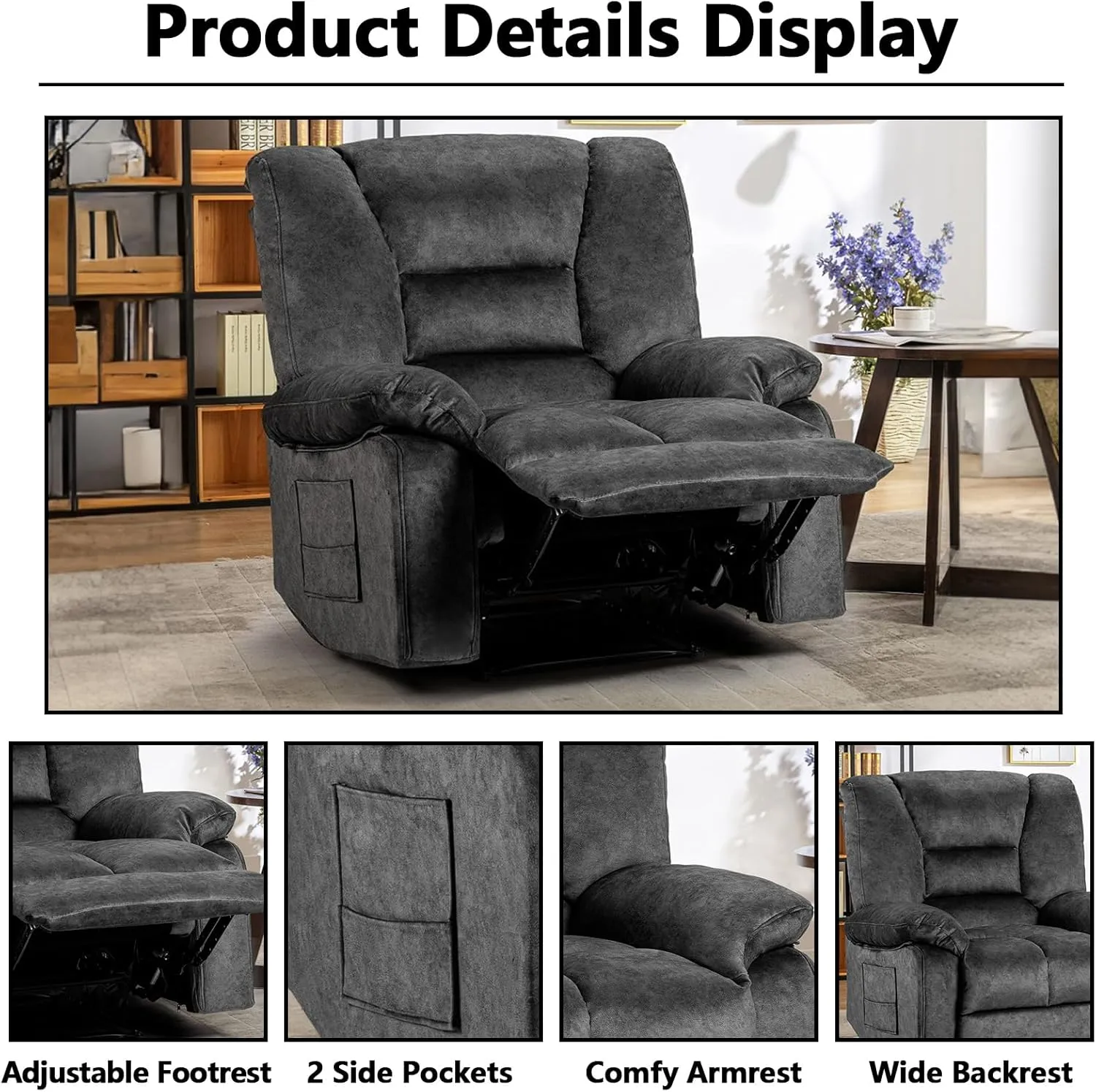 Fabric Lazy Boy Recliner Chair for Bedroom, Manual Reclining Chairs for Adults，Grey Recliner Chair with Adjustable Backrest & Foootrest/Overstuffed Cushion, Havy Duty (Grey)