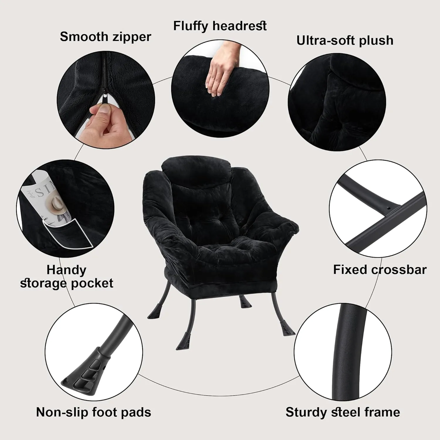 Fabric Lazy Chair for Adults, Oversized Upholstered Sofa Chair, Plush Comfy Lounge Chair with Large Side Storage Pocket, Thick Padded Reading Chair for Living Room, Bedroom, Study Room, Black