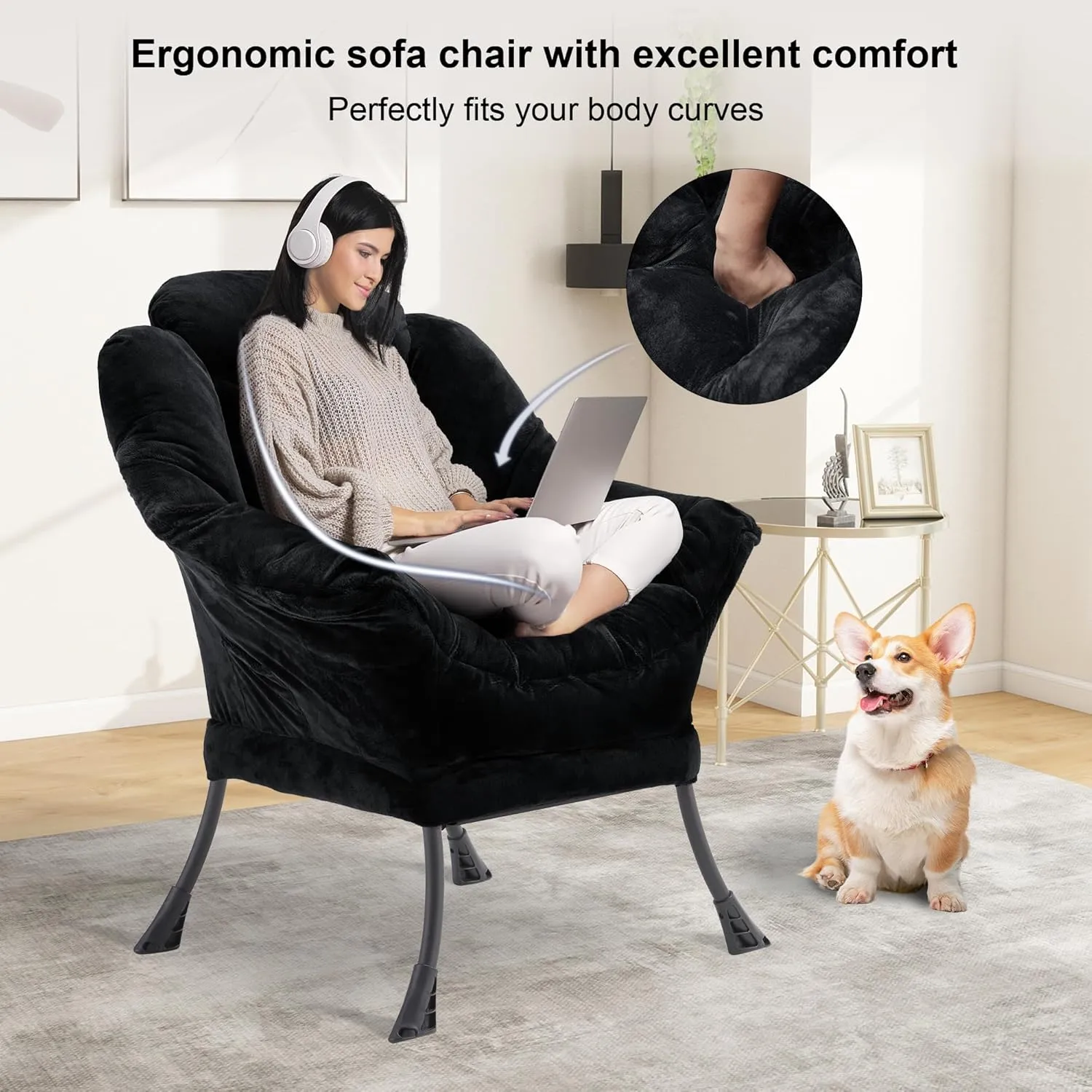Fabric Lazy Chair for Adults, Oversized Upholstered Sofa Chair, Plush Comfy Lounge Chair with Large Side Storage Pocket, Thick Padded Reading Chair for Living Room, Bedroom, Study Room, Black
