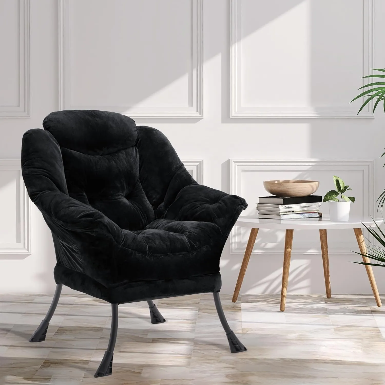 Fabric Lazy Chair for Adults, Oversized Upholstered Sofa Chair, Plush Comfy Lounge Chair with Large Side Storage Pocket, Thick Padded Reading Chair for Living Room, Bedroom, Study Room, Black