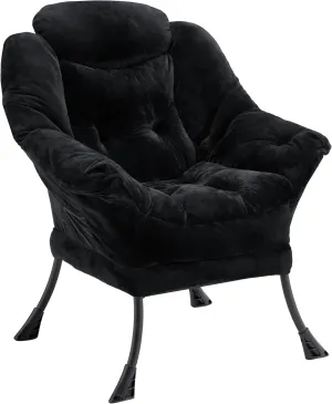 Fabric Lazy Chair for Adults, Oversized Upholstered Sofa Chair, Plush Comfy Lounge Chair with Large Side Storage Pocket, Thick Padded Reading Chair for Living Room, Bedroom, Study Room, Black