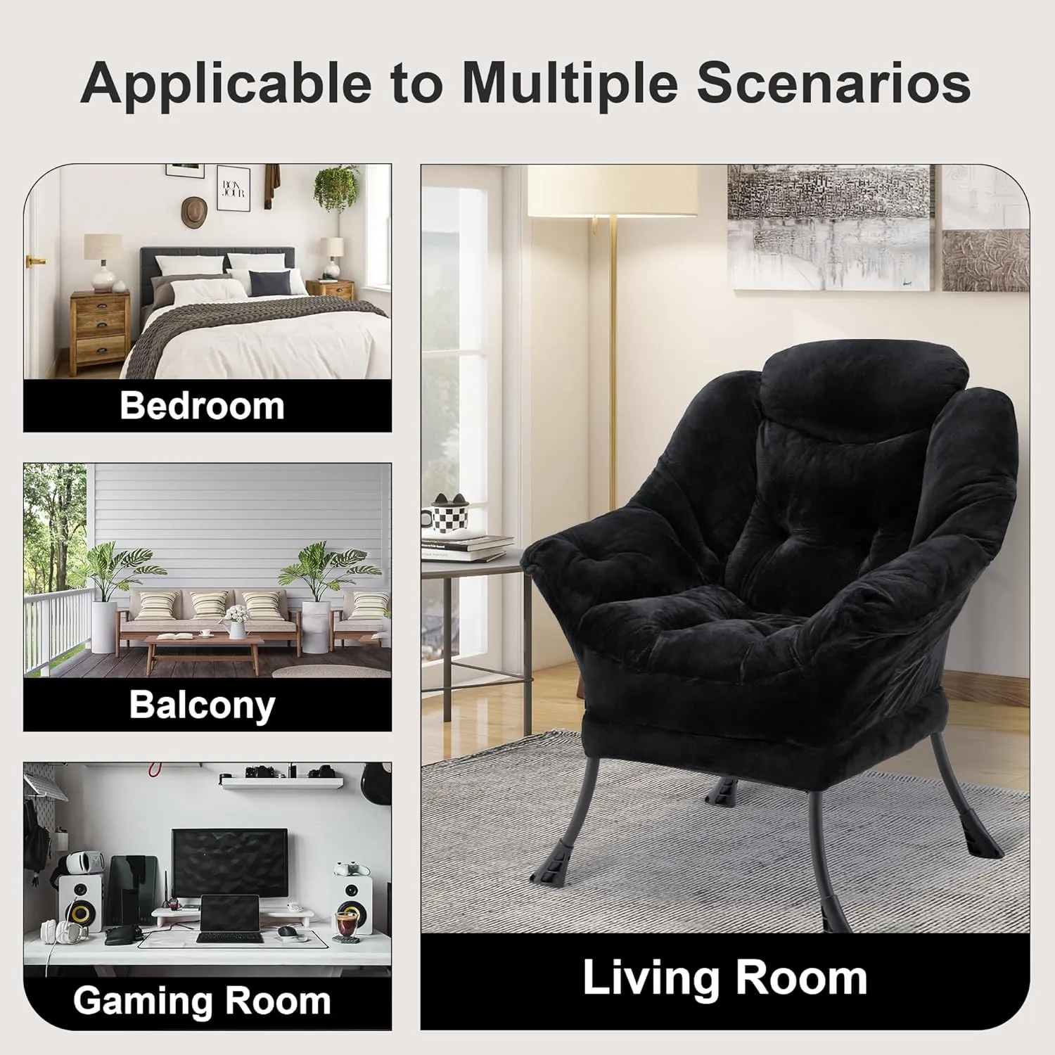 Fabric Lazy Chair for Adults, Oversized Upholstered Sofa Chair, Plush Comfy Lounge Chair with Large Side Storage Pocket, Thick Padded Reading Chair for Living Room, Bedroom, Study Room, Black