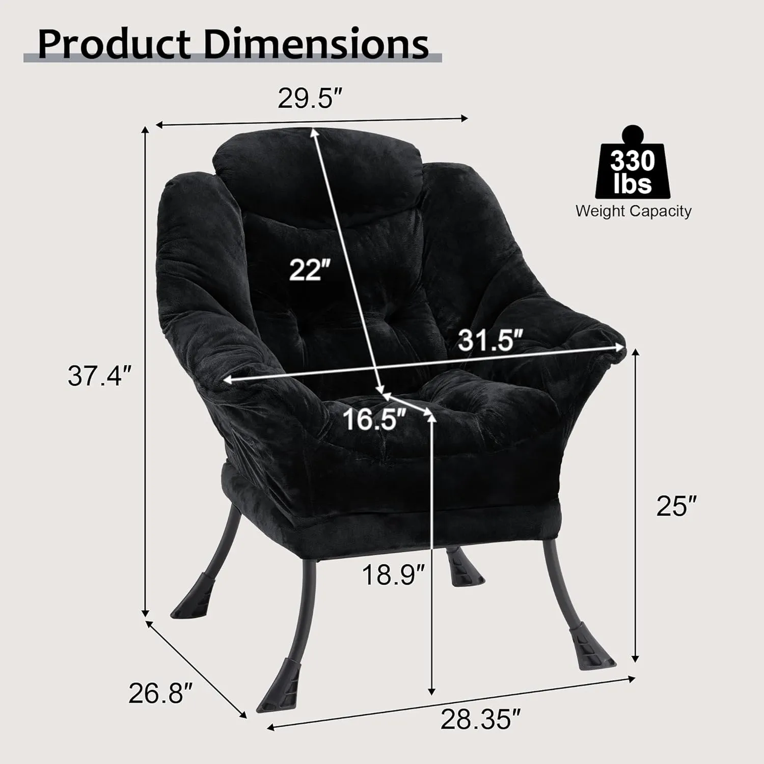 Fabric Lazy Chair for Adults, Oversized Upholstered Sofa Chair, Plush Comfy Lounge Chair with Large Side Storage Pocket, Thick Padded Reading Chair for Living Room, Bedroom, Study Room, Black