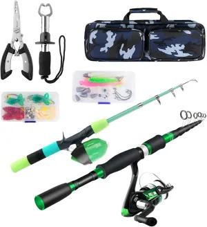 Family Fishing Pole Combo, 2PCS Portable Parent-Child Travel Fishing Kit, 6.89FT 4.92FT Telescopic Fishing Rod Spinning Reel Spincast Reel Baits Pliers Fish Lip Gripper Gift for Adults Kids Youth