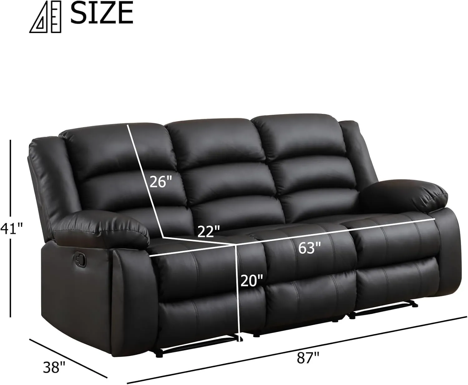 Faux Leather Manual Reclining Sofa with 2 Concealed Cup Holders,Overstuffed Armrest 3 Seat Recliner Sofa, Couch for Living Room, Bedroom, Meeting Room, Black(Sofa)