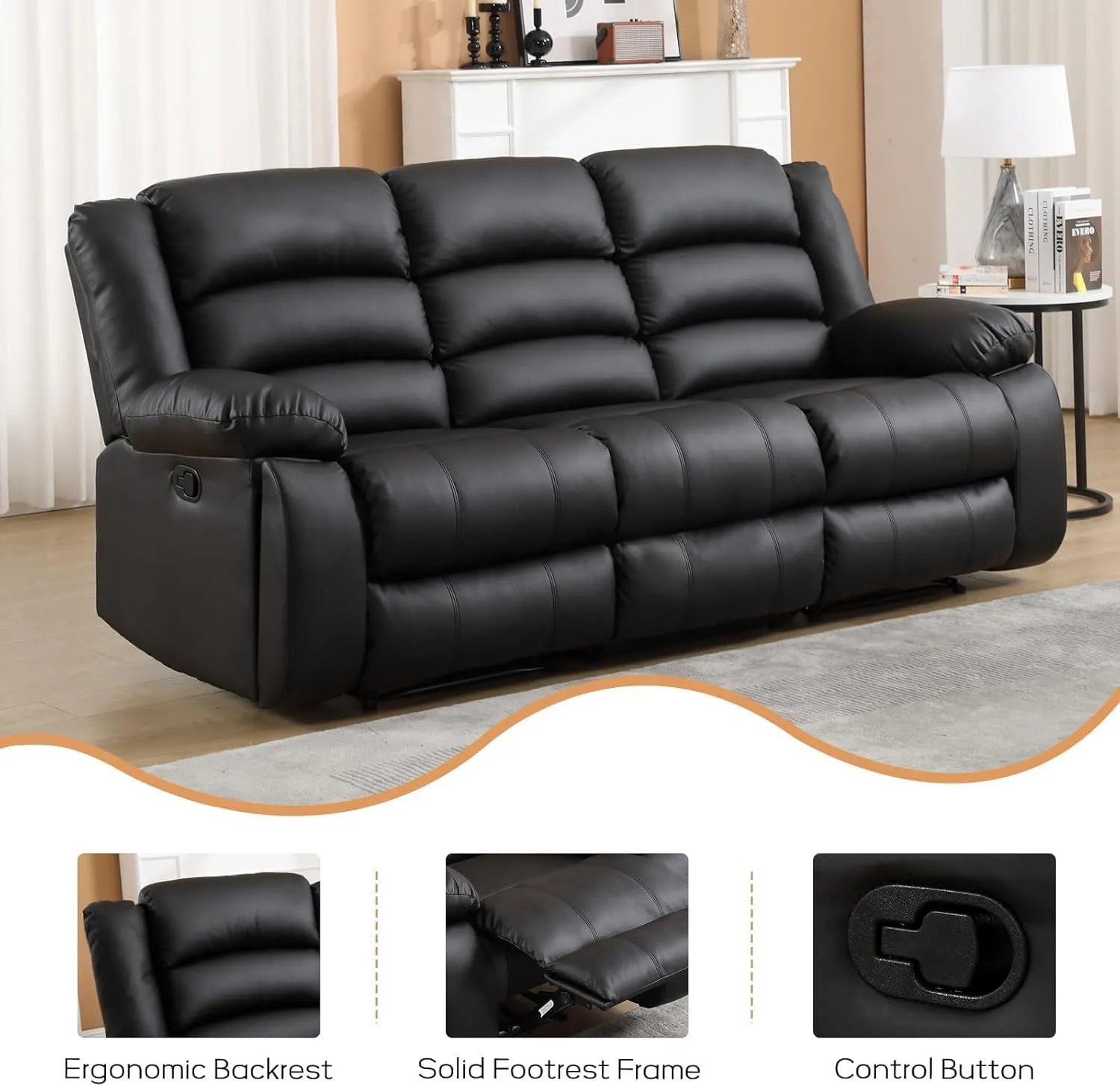 Faux Leather Manual Reclining Sofa with 2 Concealed Cup Holders,Overstuffed Armrest 3 Seat Recliner Sofa, Couch for Living Room, Bedroom, Meeting Room, Black(Sofa)