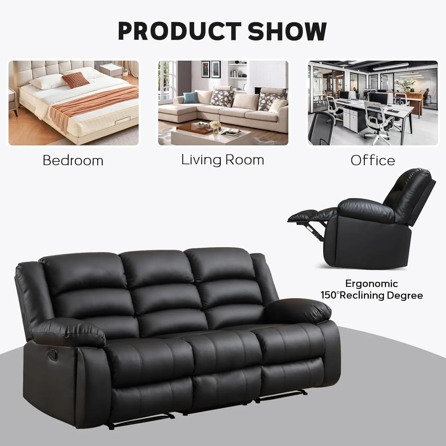 Faux Leather Manual Reclining Sofa with 2 Concealed Cup Holders,Overstuffed Armrest 3 Seat Recliner Sofa, Couch for Living Room, Bedroom, Meeting Room, Black(Sofa)
