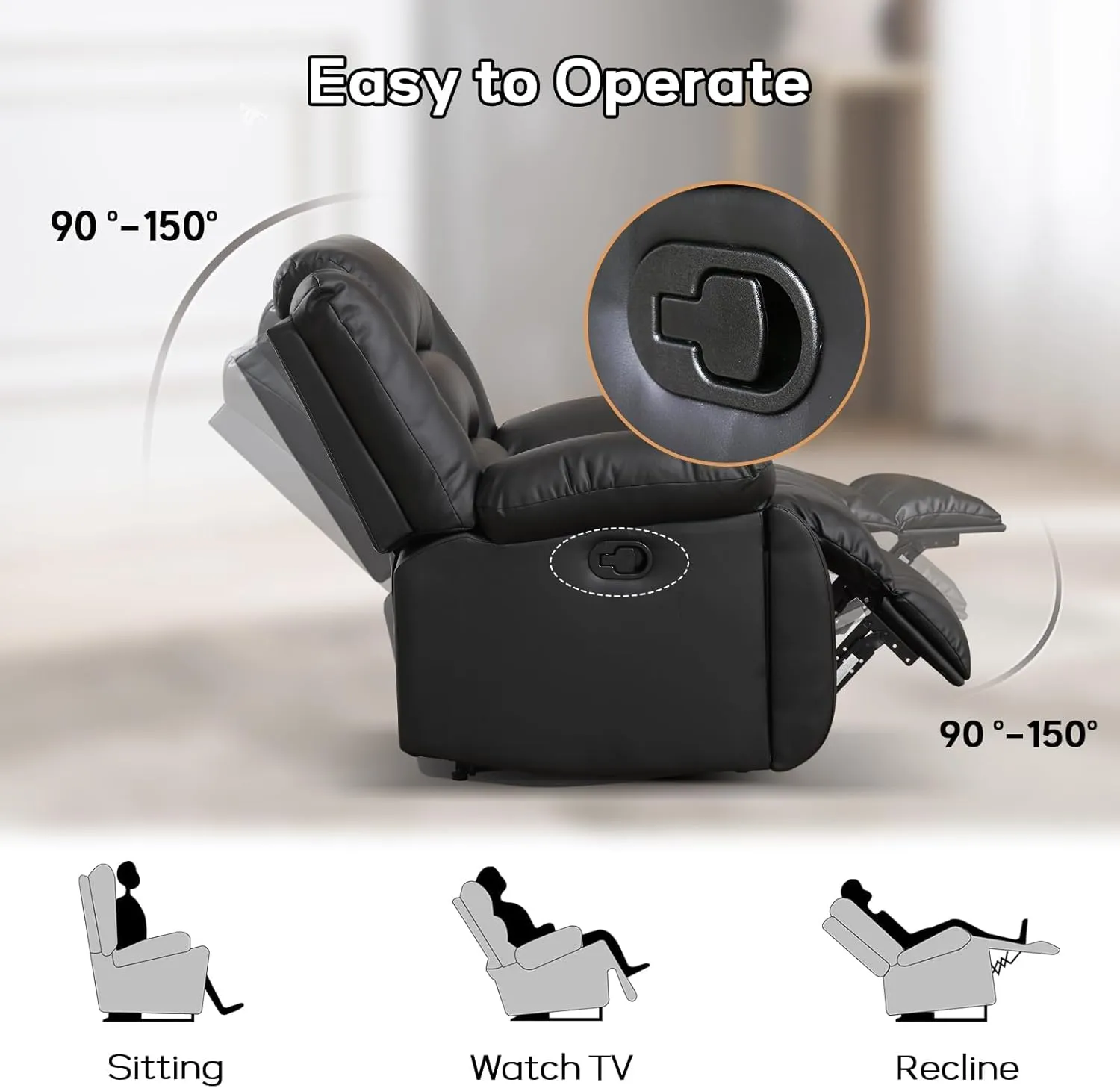 Faux Leather Manual Reclining Sofa with 2 Concealed Cup Holders,Overstuffed Armrest 3 Seat Recliner Sofa, Couch for Living Room, Bedroom, Meeting Room, Black(Sofa)