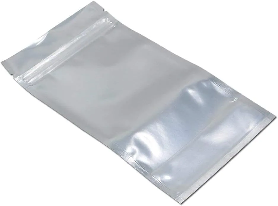 FERENLI 100Pcs Stand Up Clear Front Zipper Lock Resealable Aluminum Mylar Foil Plastic Packaging Bag for Zip Heat Sealable Aluminum Foil Lock with Tear Notch Long Term Food Storage (3.9x5.9 inch)