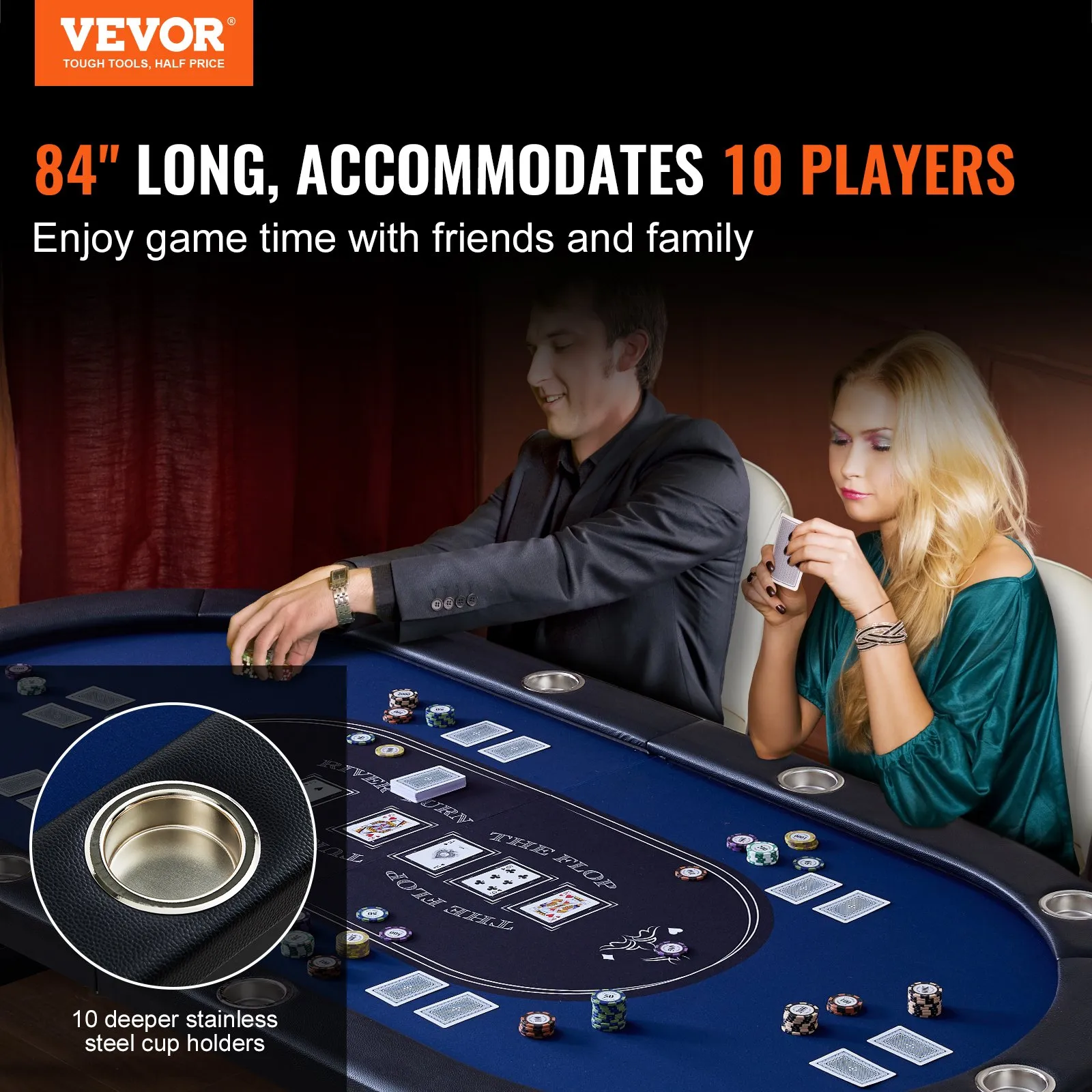 (FINAL PRICES ARE LOWER ON OUR SITE!) VEVOR 10 Player Foldable Poker Table, Blackjack Texas Holdem Poker Table with Padded Rails and Stainless Steel Cup Holders, Portable Folding Card Board Game Table, 84" Oval Casino Leisure Table