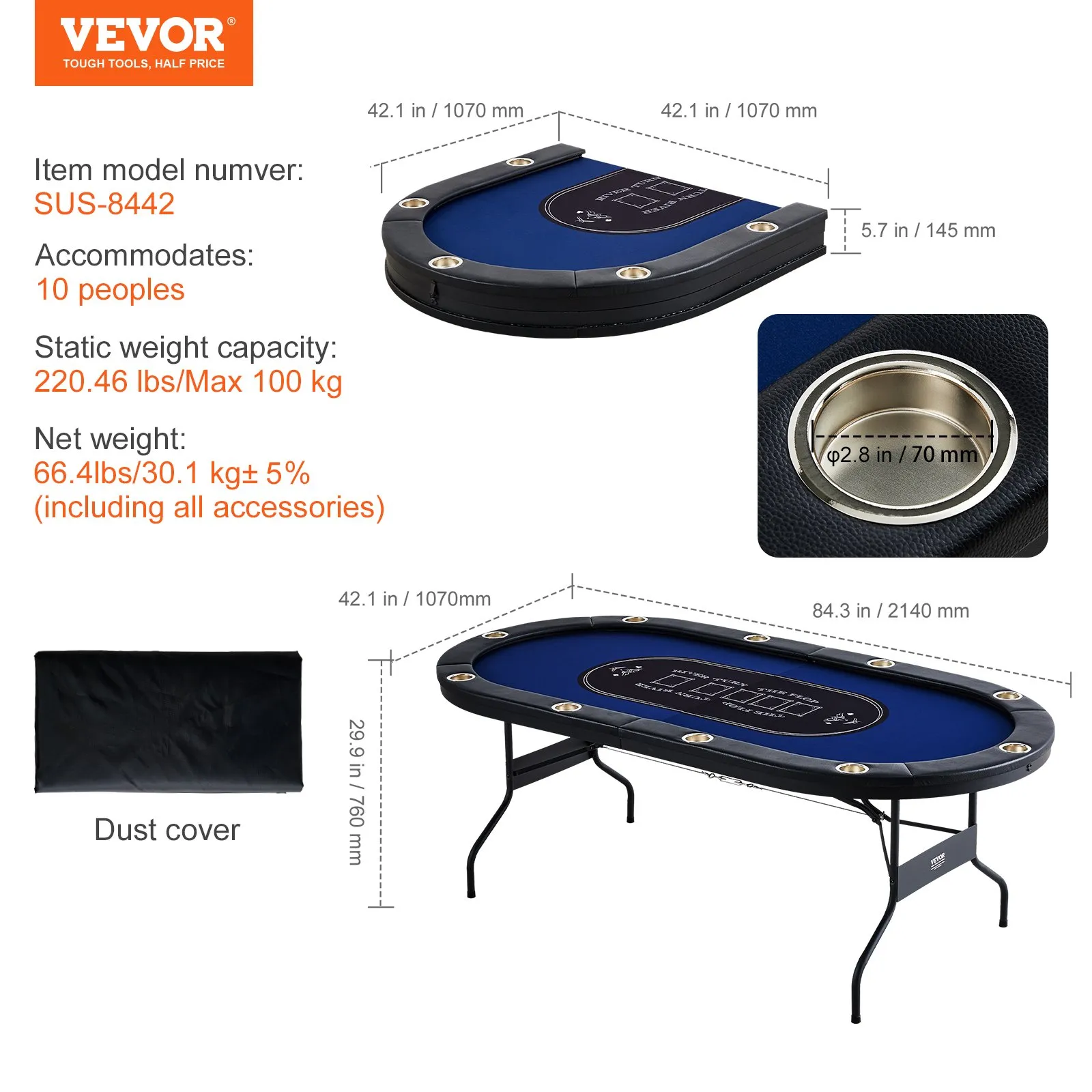 (FINAL PRICES ARE LOWER ON OUR SITE!) VEVOR 10 Player Foldable Poker Table, Blackjack Texas Holdem Poker Table with Padded Rails and Stainless Steel Cup Holders, Portable Folding Card Board Game Table, 84" Oval Casino Leisure Table
