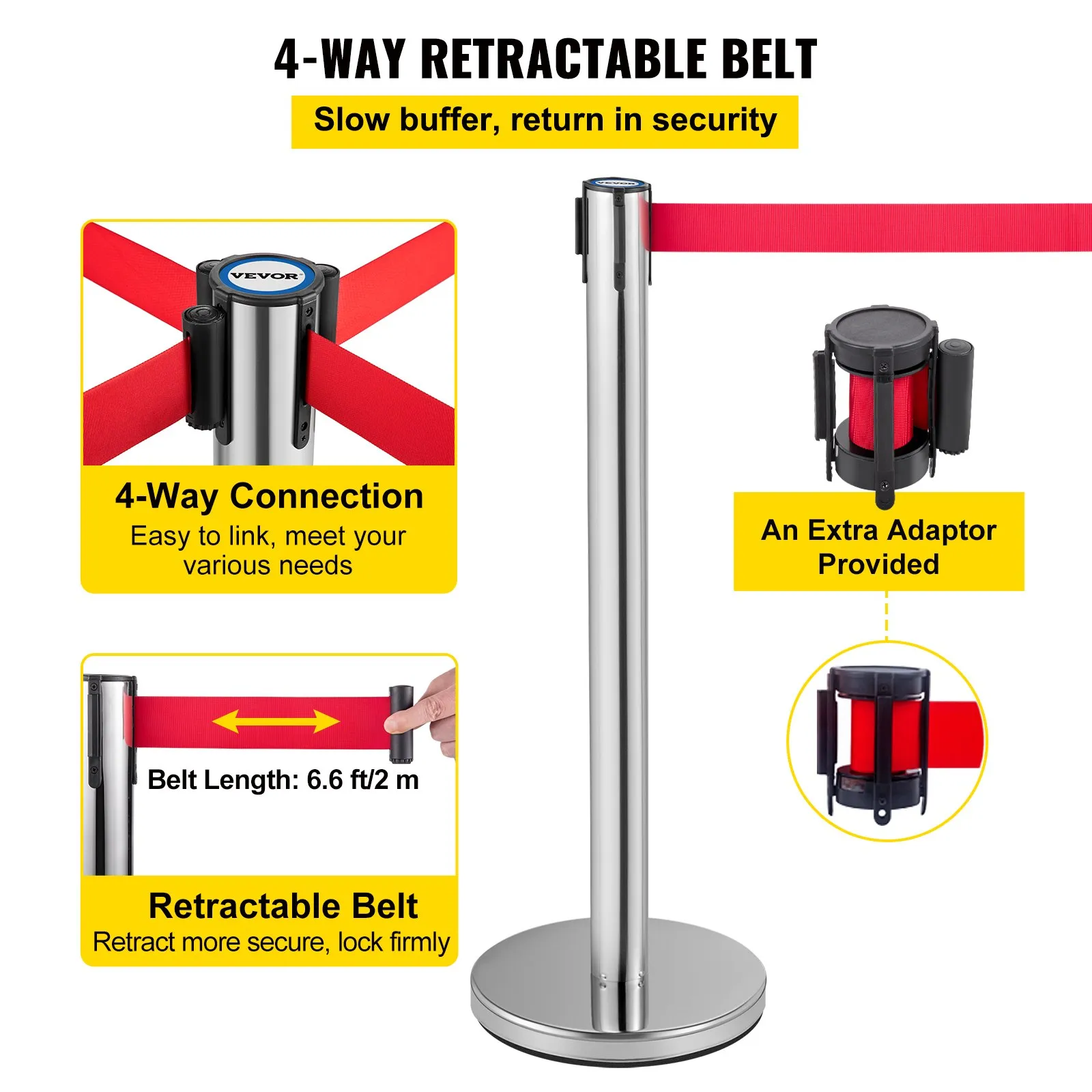 (FINAL PRICES ARE LOWER ON OUR SITE!) VEVOR Crowd Control Stanchion, Set of 6 Pieces Stanchion Set, Stanchion Set w/ 6.6 ft/2 m Red Retractable Belt, Crowd Control Barrier w/Rubber Base  Easy Connect Assembly for Crowd Control (Silver)