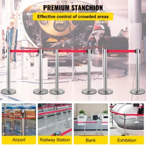 (FINAL PRICES ARE LOWER ON OUR SITE!) VEVOR Crowd Control Stanchion, Set of 6 Pieces Stanchion Set, Stanchion Set w/ 6.6 ft/2 m Red Retractable Belt, Crowd Control Barrier w/Rubber Base  Easy Connect Assembly for Crowd Control (Silver)