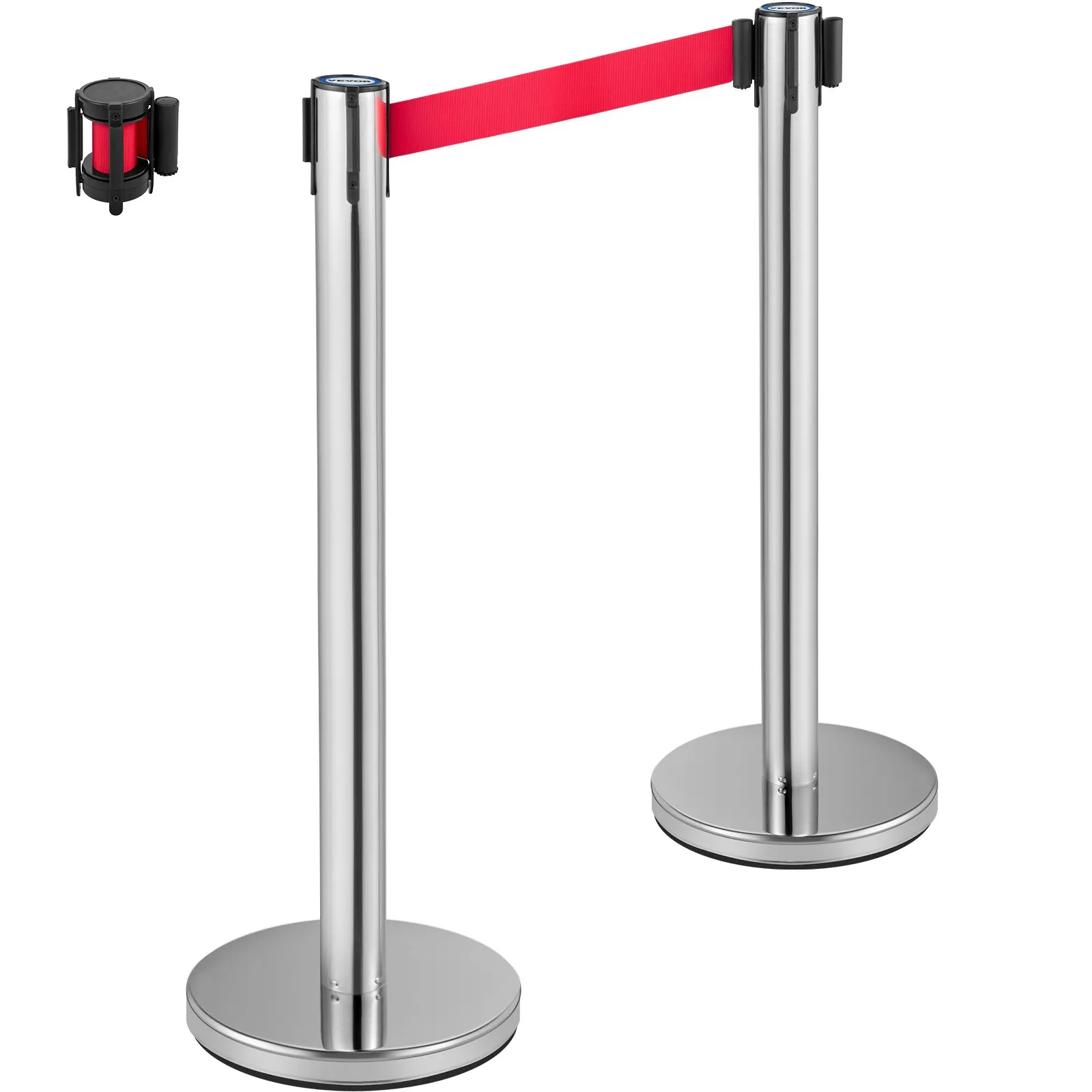 (FINAL PRICES ARE LOWER ON OUR SITE!) VEVOR Crowd Control Stanchion, Set of 6 Pieces Stanchion Set, Stanchion Set w/ 6.6 ft/2 m Red Retractable Belt, Crowd Control Barrier w/Rubber Base  Easy Connect Assembly for Crowd Control (Silver)
