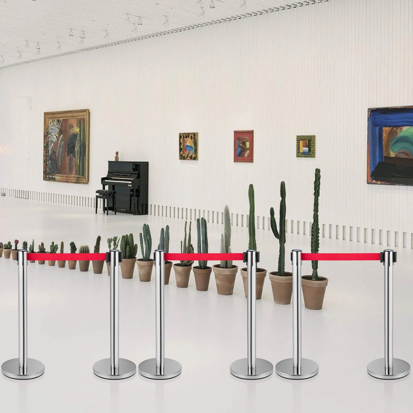 (FINAL PRICES ARE LOWER ON OUR SITE!) VEVOR Crowd Control Stanchion, Set of 6 Pieces Stanchion Set, Stanchion Set w/ 6.6 ft/2 m Red Retractable Belt, Crowd Control Barrier w/Rubber Base  Easy Connect Assembly for Crowd Control (Silver)