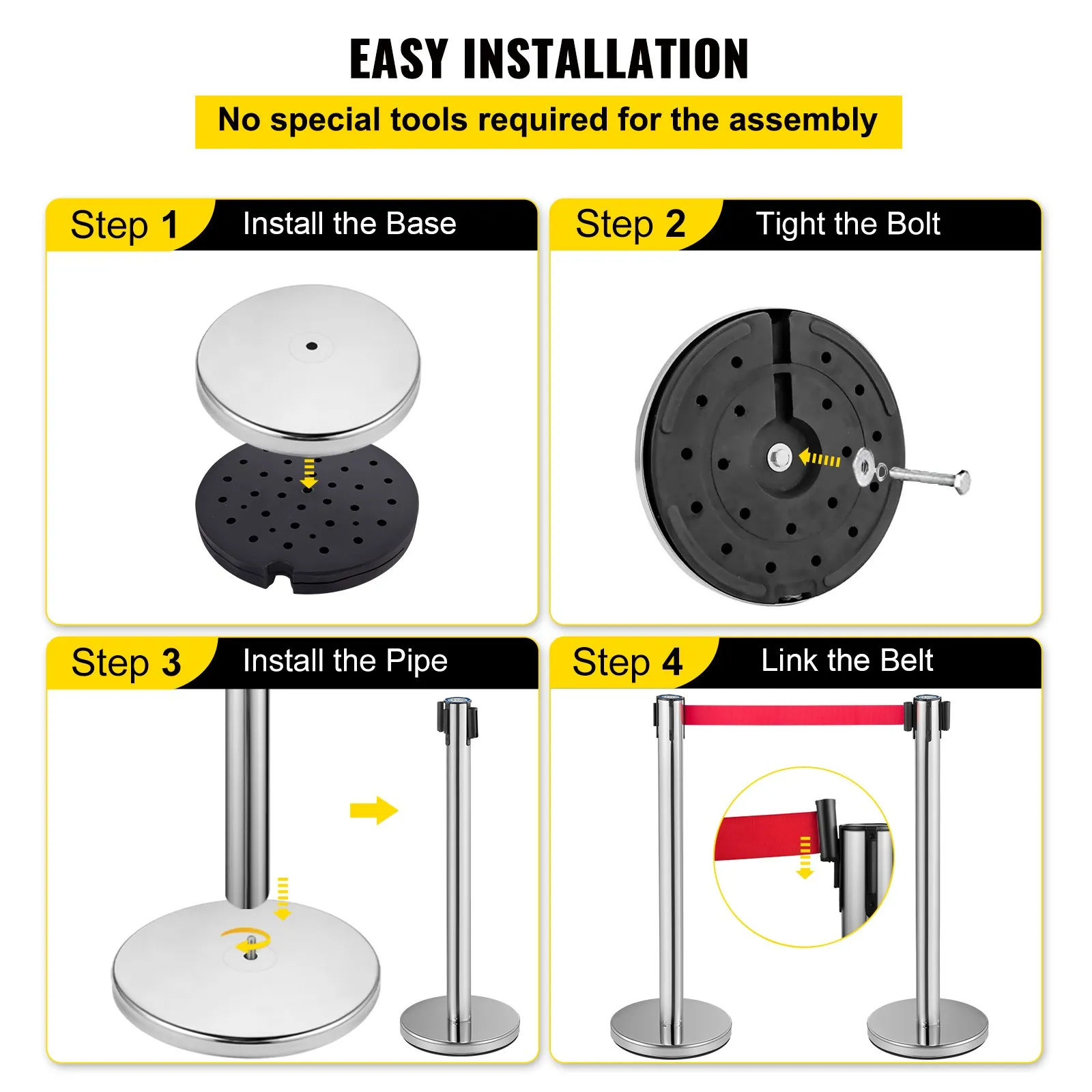 (FINAL PRICES ARE LOWER ON OUR SITE!) VEVOR Crowd Control Stanchion, Set of 6 Pieces Stanchion Set, Stanchion Set w/ 6.6 ft/2 m Red Retractable Belt, Crowd Control Barrier w/Rubber Base  Easy Connect Assembly for Crowd Control (Silver)