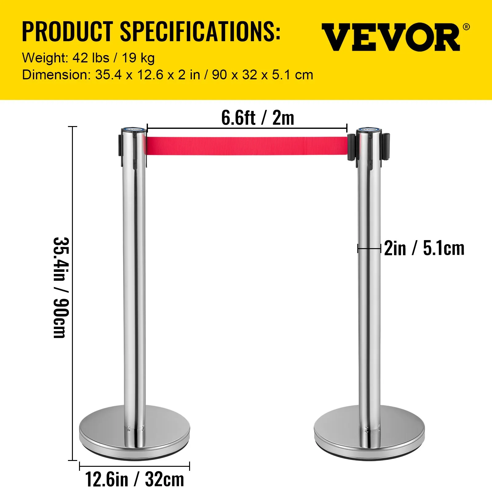 (FINAL PRICES ARE LOWER ON OUR SITE!) VEVOR Crowd Control Stanchion, Set of 6 Pieces Stanchion Set, Stanchion Set w/ 6.6 ft/2 m Red Retractable Belt, Crowd Control Barrier w/Rubber Base  Easy Connect Assembly for Crowd Control (Silver)