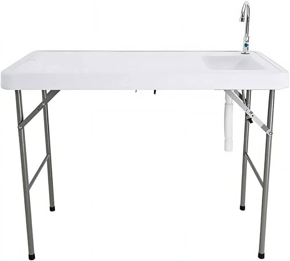 Fishing Cleaning Table with Sink - Portable Folding Camping Sink Table | Fish Fillet Hunting Station with Faucet, Ideal for Picnic, Gardening & Kitchen Use - White