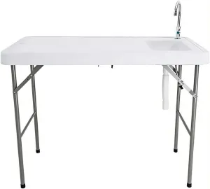 Fishing Cleaning Table with Sink - Portable Folding Camping Sink Table | Fish Fillet Hunting Station with Faucet, Ideal for Picnic, Gardening & Kitchen Use - White