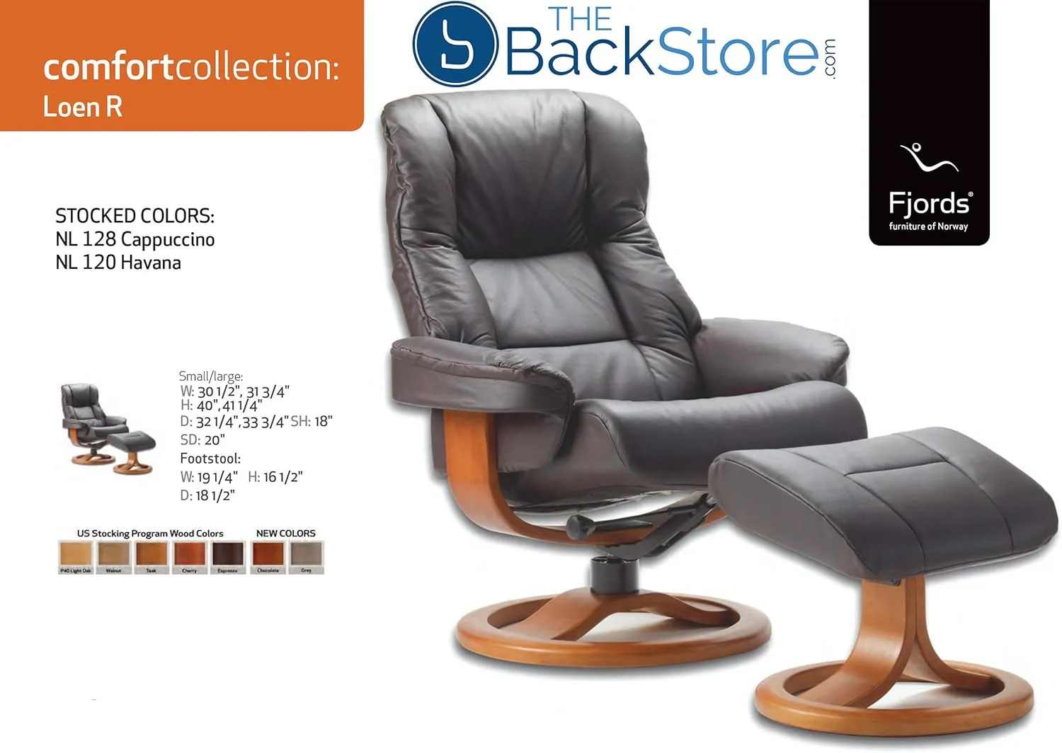 Fjords 855 Loen Small Leather Recliner Norwegian Ergonomic Scandinavian Lounge Reclining Chair Furniture Nordic Line Genuine Cappuccino Leather Walnut Wood