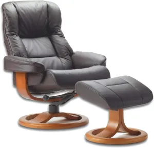 Fjords 855 Loen Small Leather Recliner Norwegian Ergonomic Scandinavian Lounge Reclining Chair Furniture Nordic Line Genuine Havana Dark Brown Leather Walnut Wood