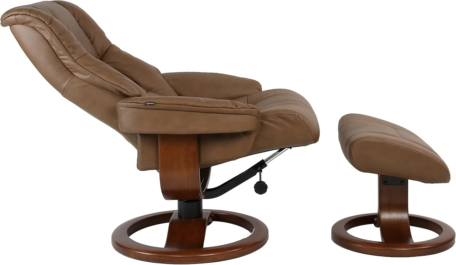 Fjords 855 Loen Small Leather Recliner Norwegian Ergonomic Scandinavian Lounge Reclining Chair Furniture Nordic Line Genuine Havana Dark Brown Leather Walnut Wood