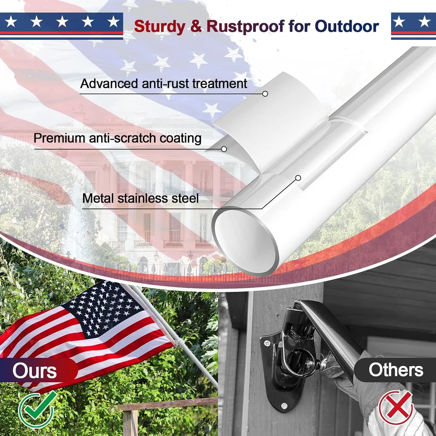 Flag Pole Kit with 3x5 American Flag - Includes 5ft Heavy Duty Tangle Free Flagpole,Embroidered 3X5 US Flag,Aluminum Mount Holder Bracket,Metal Flagpoles for Outside House,Porch,Outdoor - White