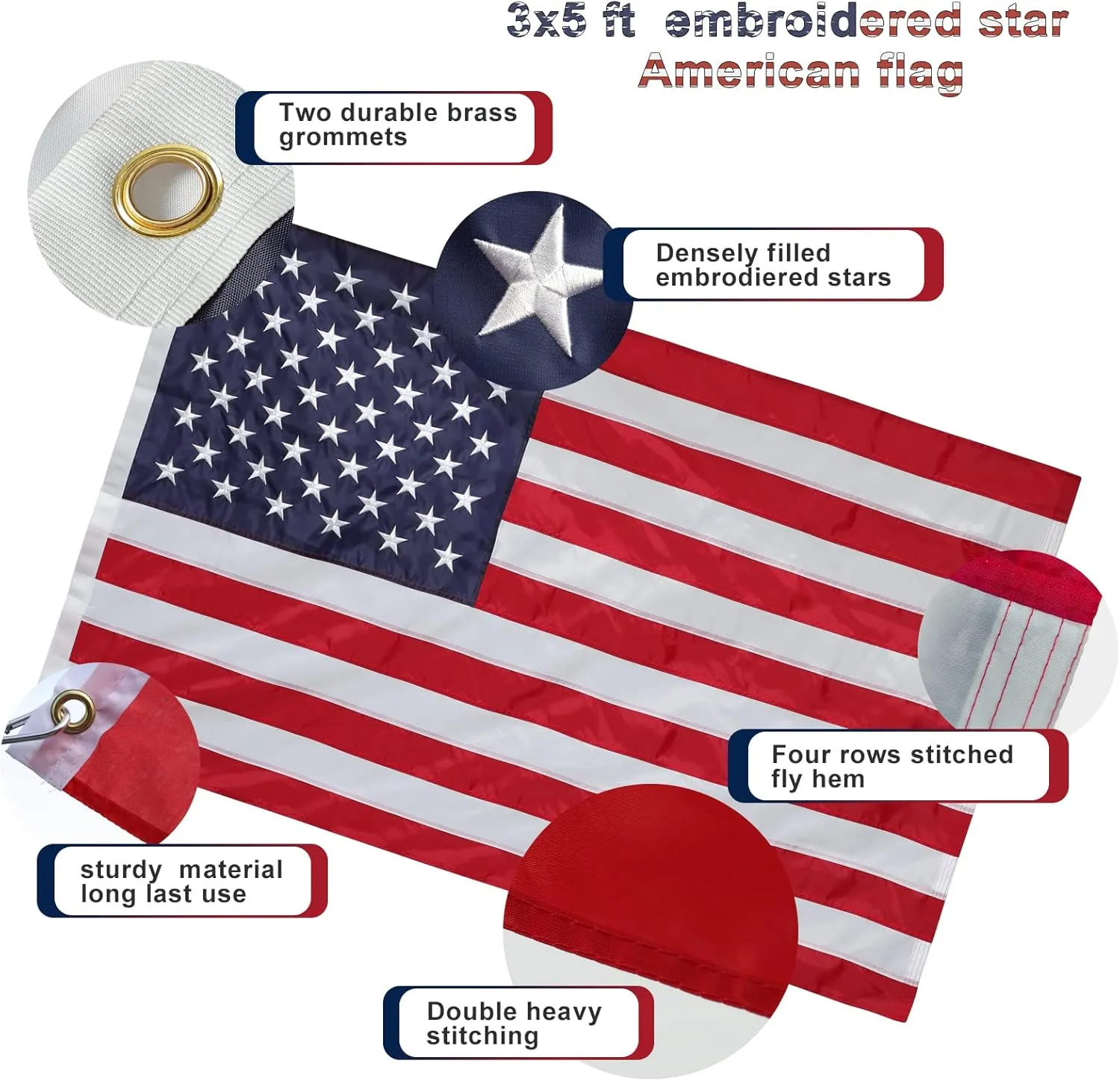 Flag Pole Kit with 3x5 American Flag - Includes 5ft Heavy Duty Tangle Free Flagpole,Embroidered 3X5 US Flag,Aluminum Mount Holder Bracket,Metal Flagpoles for Outside House,Porch,Outdoor - White