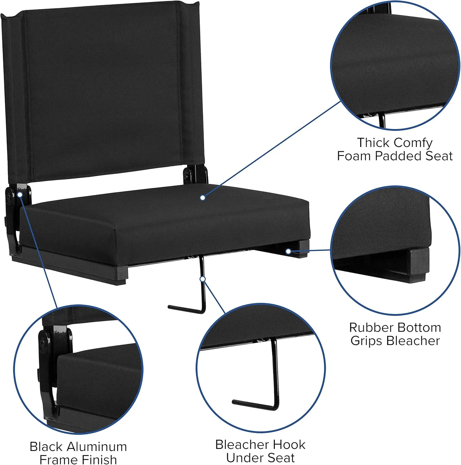 Flash Furniture Grandstand Portable Stadium Seats for Bleachers or Benches, Folding Padded Stadium Chairs with Handle, Pack of 2, 500 lb. Weight Capacity, Black
