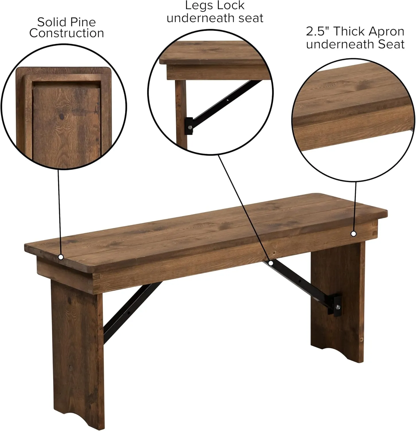 Flash Furniture Hercules Series 40" x 12" Commercial Grade Rustic Solid Pine Folding Bench, Antique Farmhouse Dining Bench, Seats up to 2 Adults