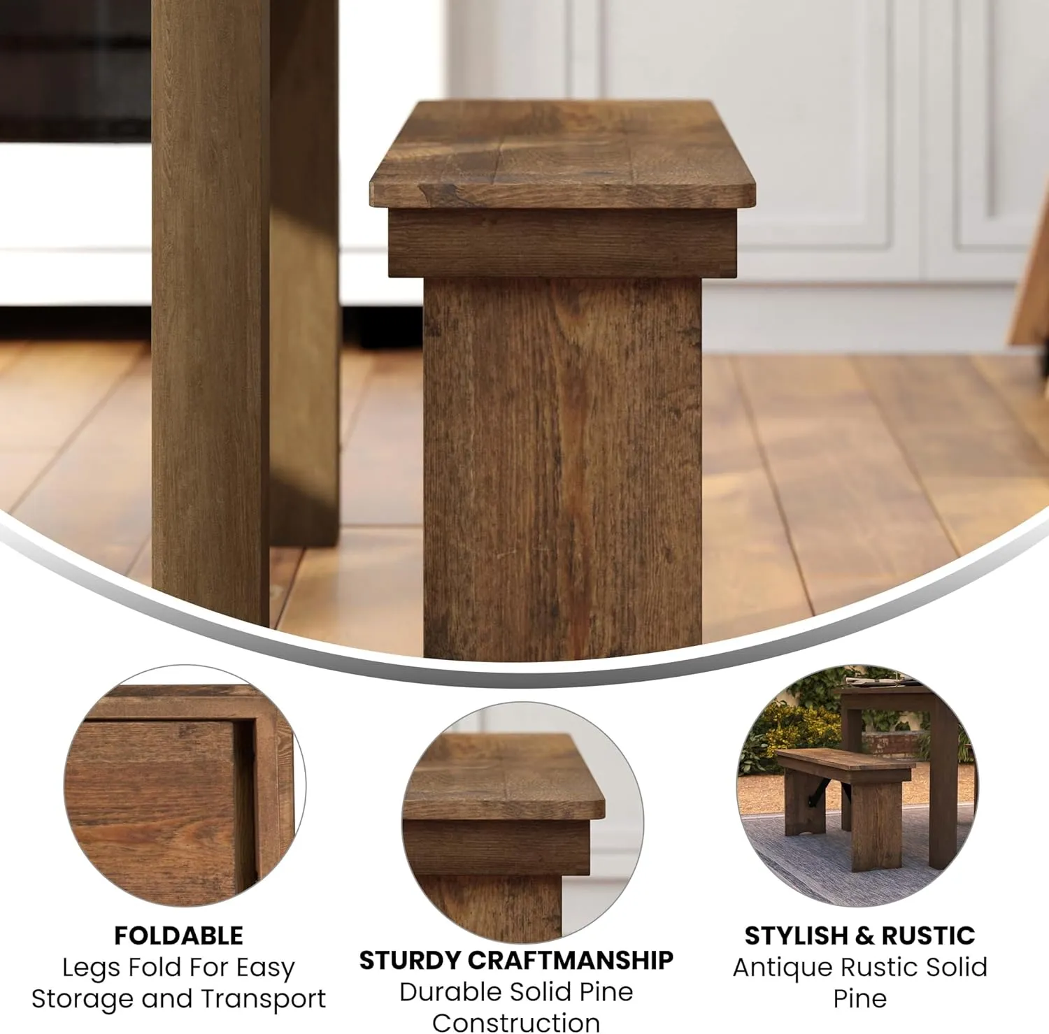 Flash Furniture Hercules Series 40" x 12" Commercial Grade Rustic Solid Pine Folding Bench, Antique Farmhouse Dining Bench, Seats up to 2 Adults
