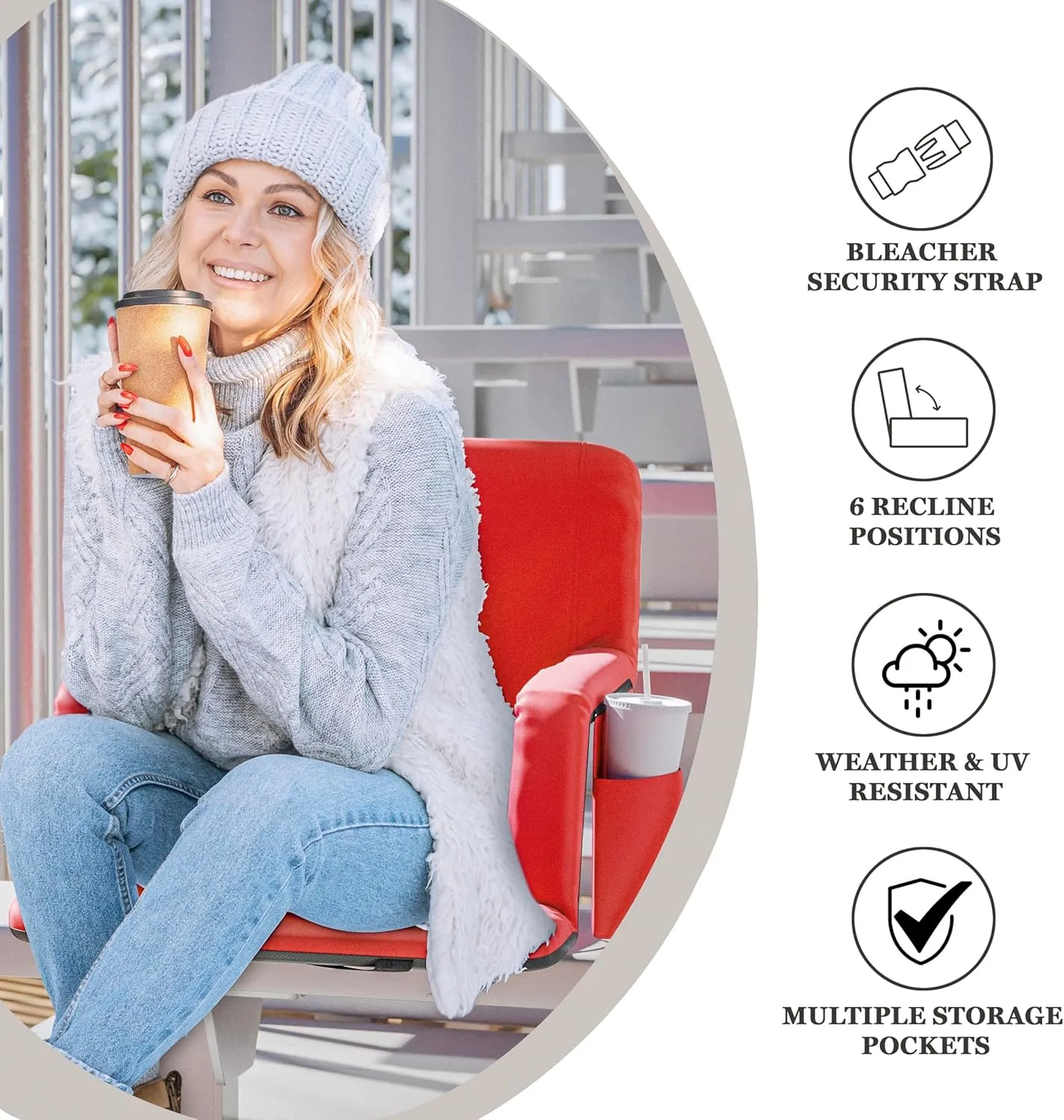 Flash Furniture Malta Heated Stadium Seat with Back Support, 6 Recline Positions, Portable Chair with Backpack Straps, USB Battery Pack Not Included, Red
