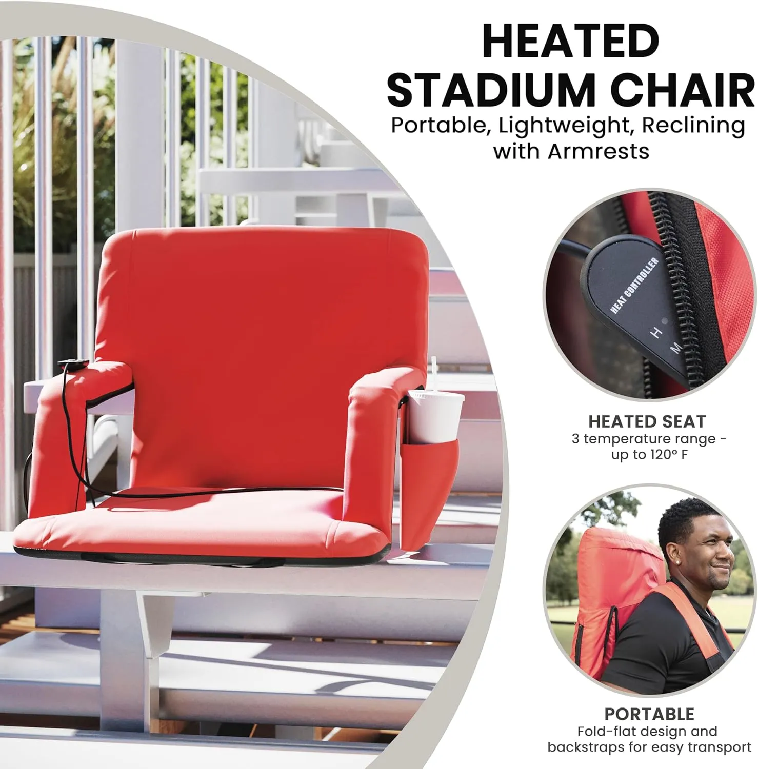 Flash Furniture Malta Heated Stadium Seat with Back Support, 6 Recline Positions, Portable Chair with Backpack Straps, USB Battery Pack Not Included, Red