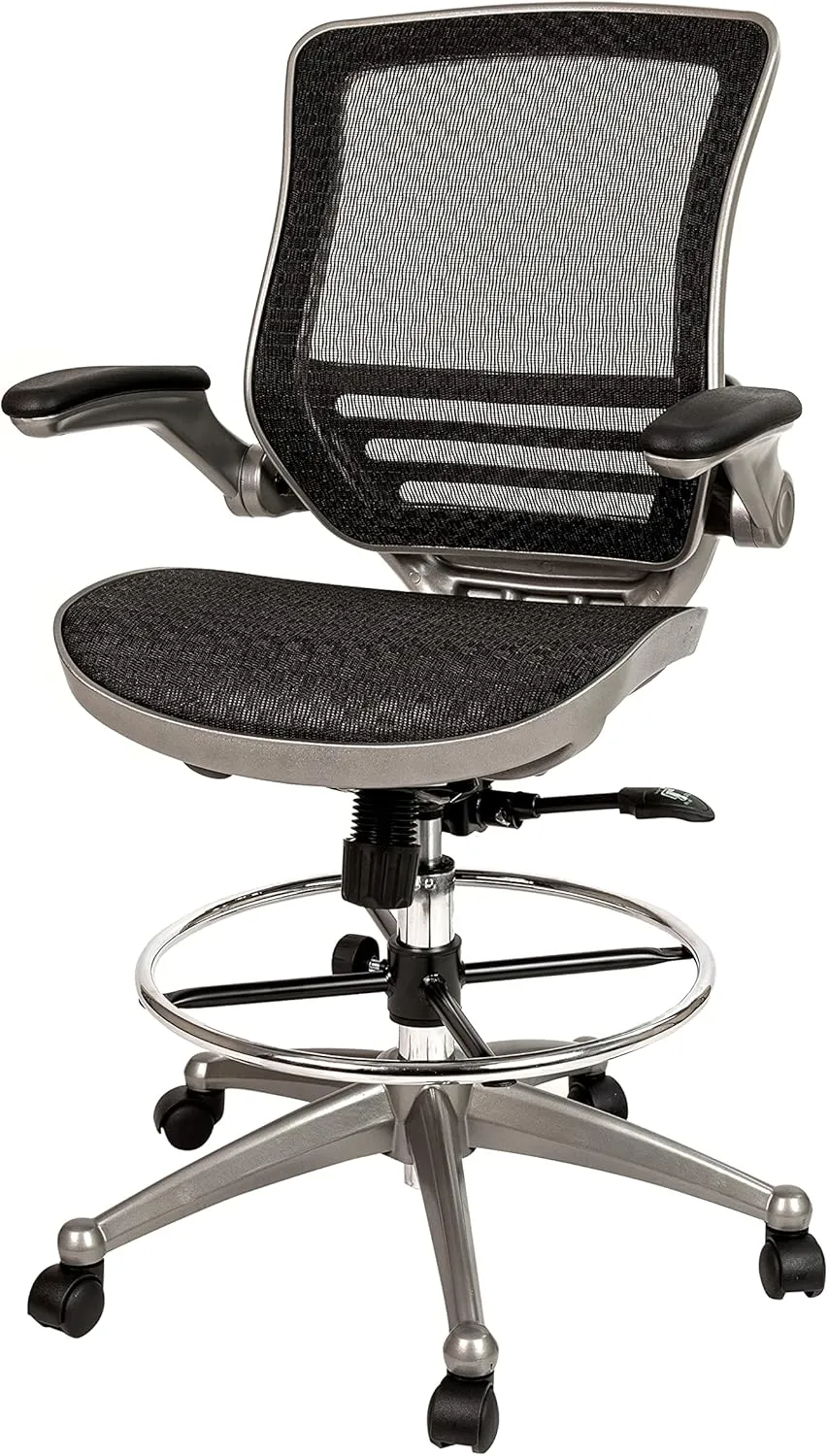 Flash Furniture Waylon Mid-Back Swivel Office Chair with Adjustable Foot Ring and Seat Height, Ergonomic Mesh Chair with Armrests, Black/Silver