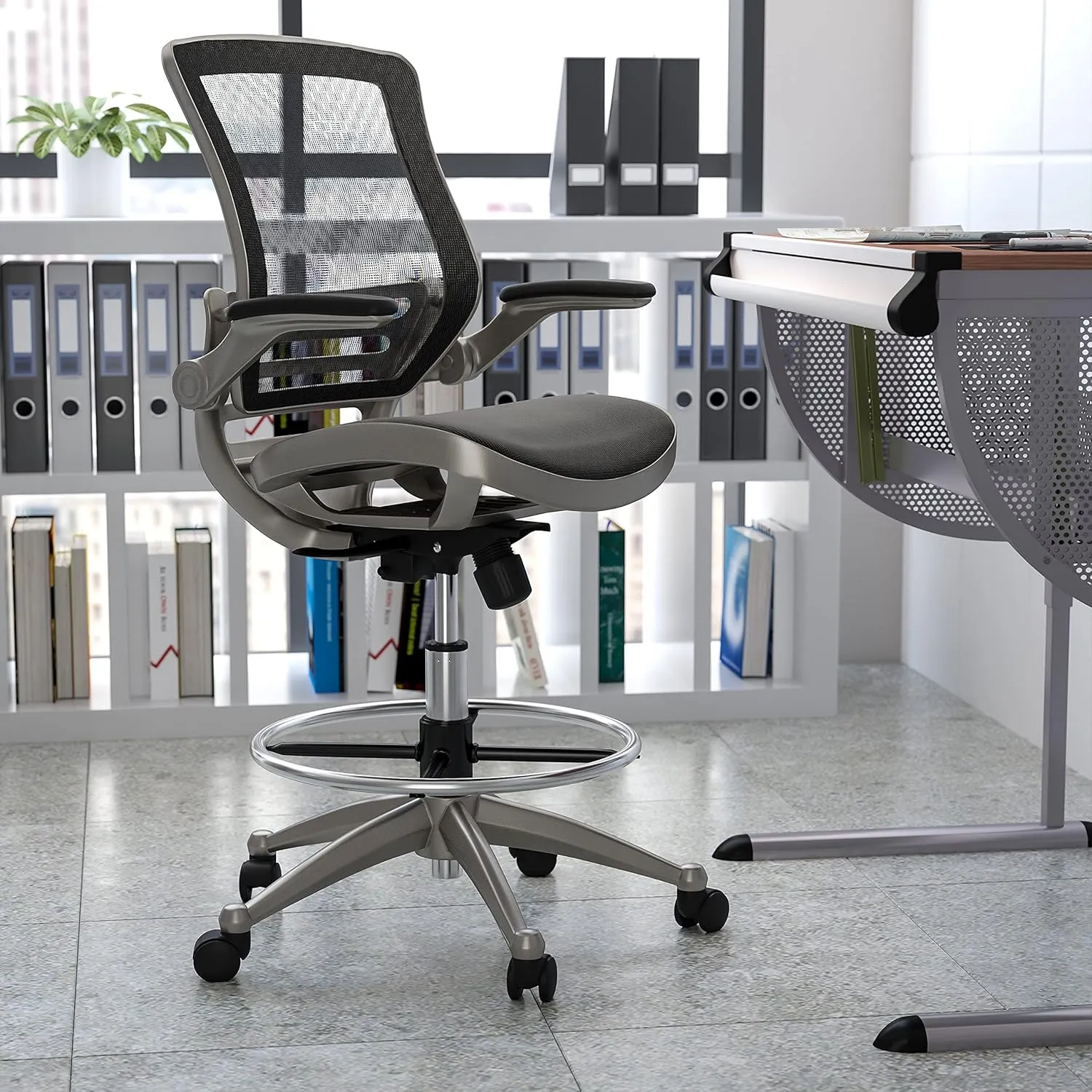 Flash Furniture Waylon Mid-Back Swivel Office Chair with Adjustable Foot Ring and Seat Height, Ergonomic Mesh Chair with Armrests, Black/Silver